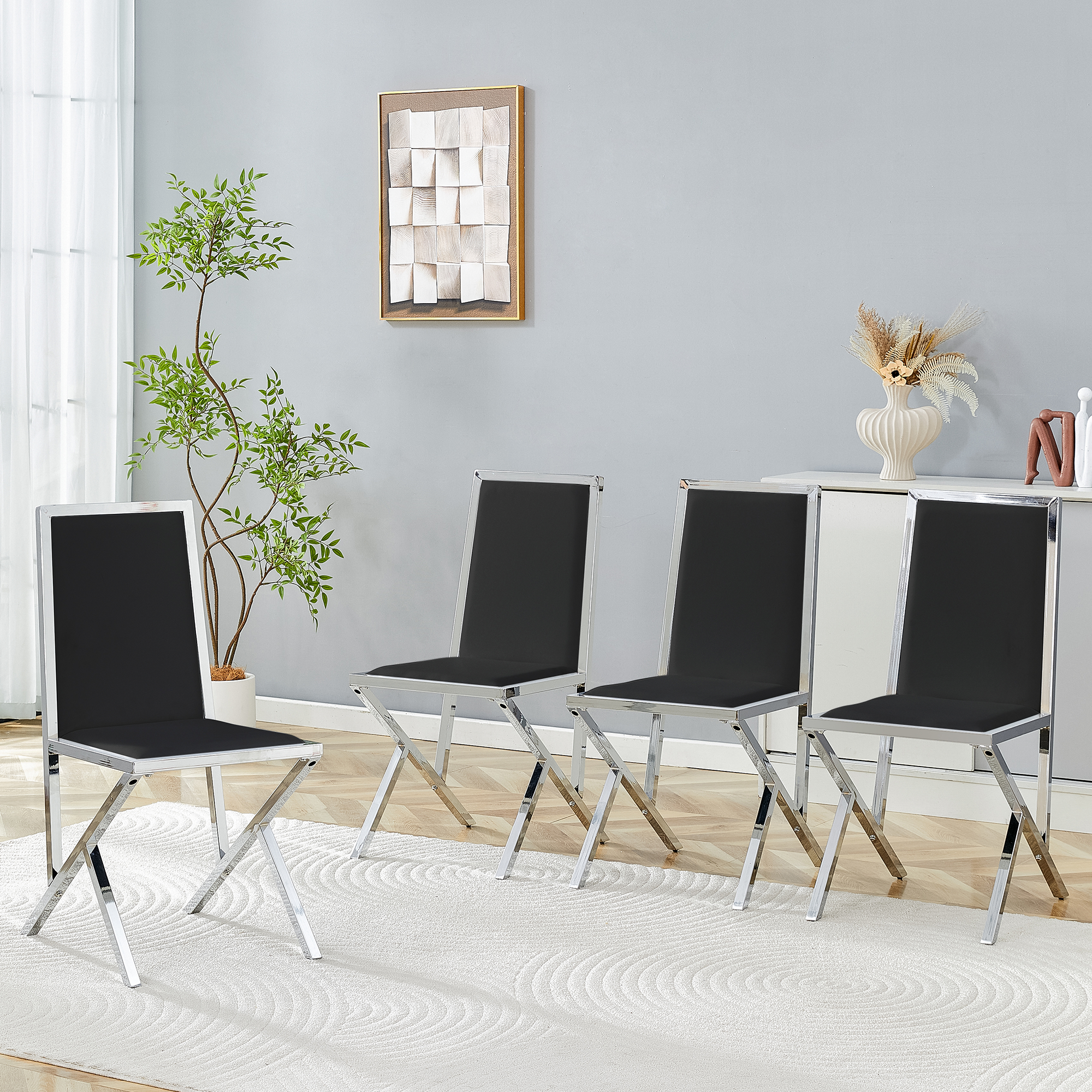 4 chaises salle à manger cadre métal gris PU noir design ergonomique