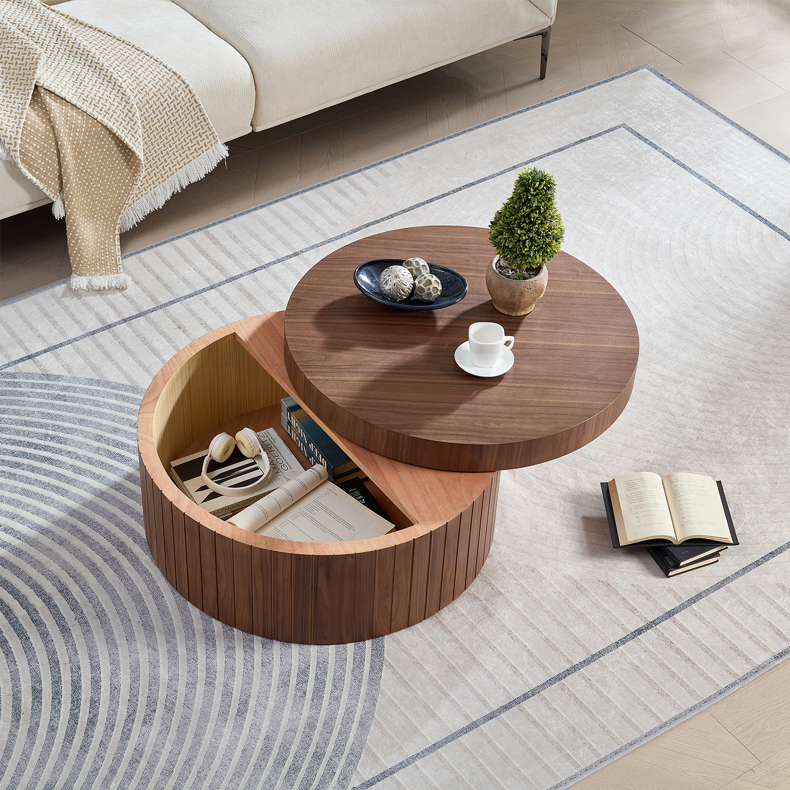 Table basse ronde moderne rangement, assemblage non requis