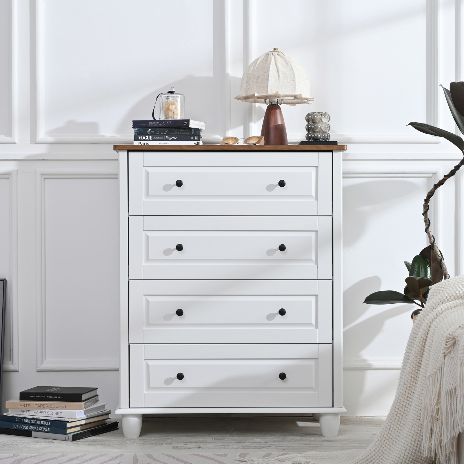 Commode moderne 4 tiroirs, 36,7 po hauteur, bois massif, blanc