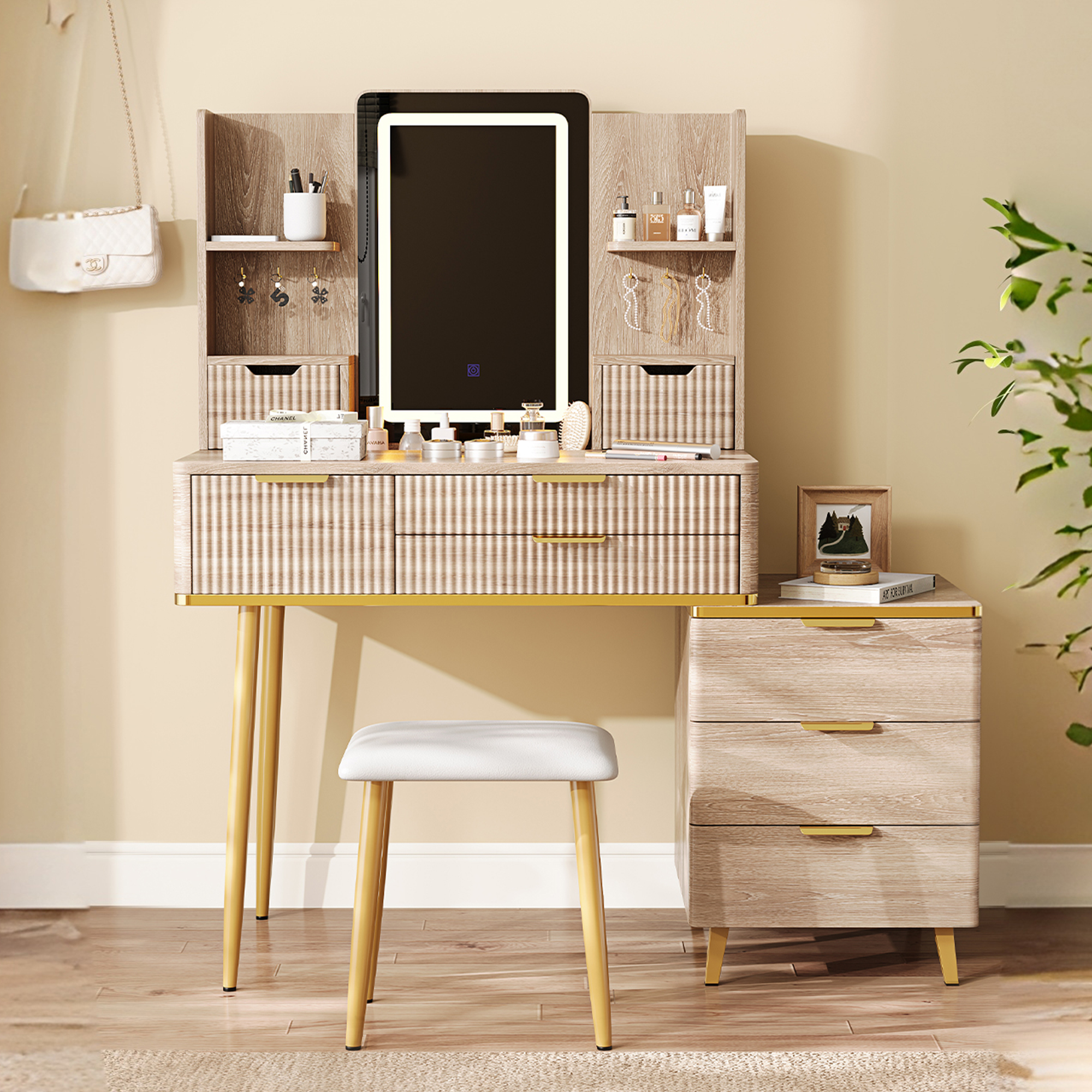 Bureau vanité 7 tiroirs, miroir LED, tabouret, rangement bijoux