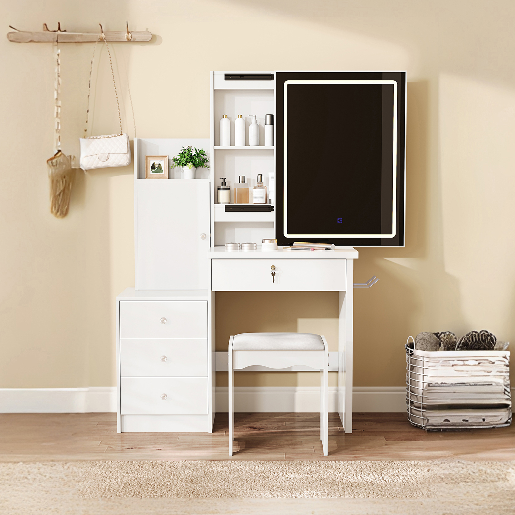 Bureau vanité miroir lumineux coulissant, 4 tiroirs, tabouret, blanc