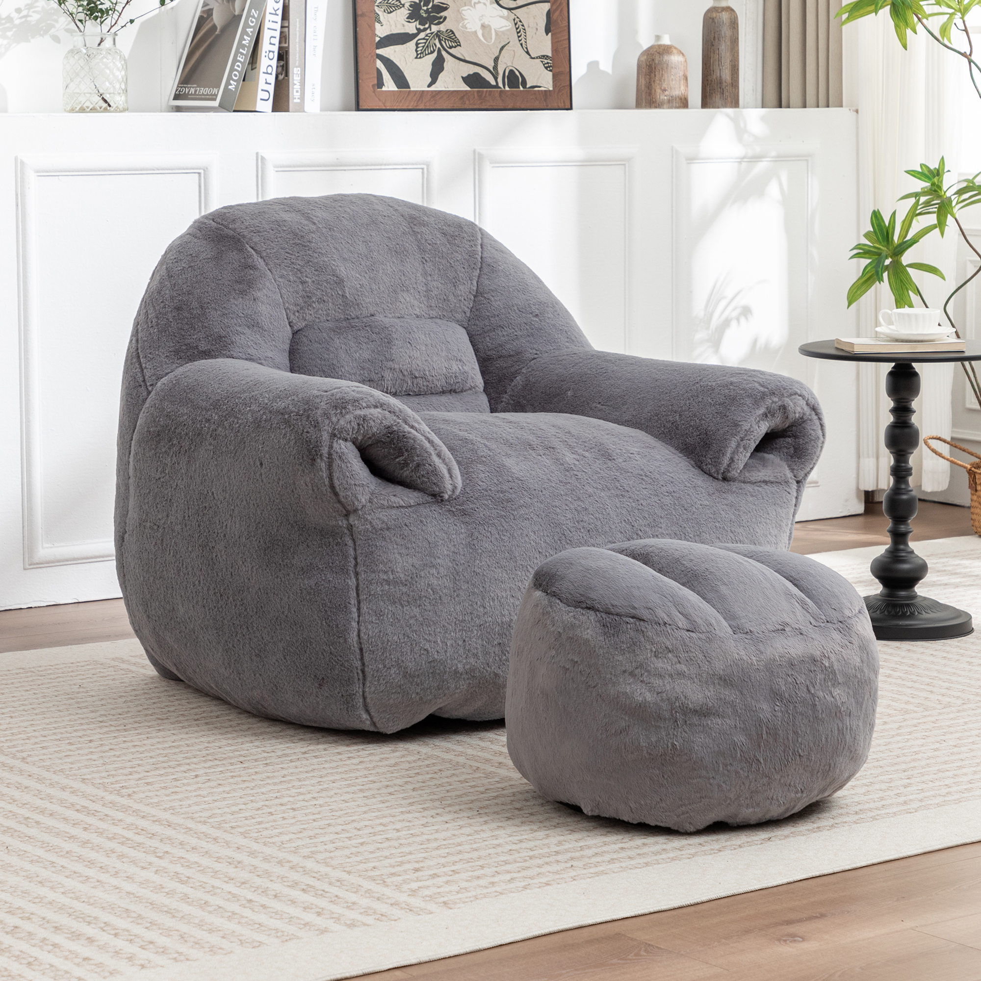 Pouf poire confortable soutien dos, fourrure synthétique, gris