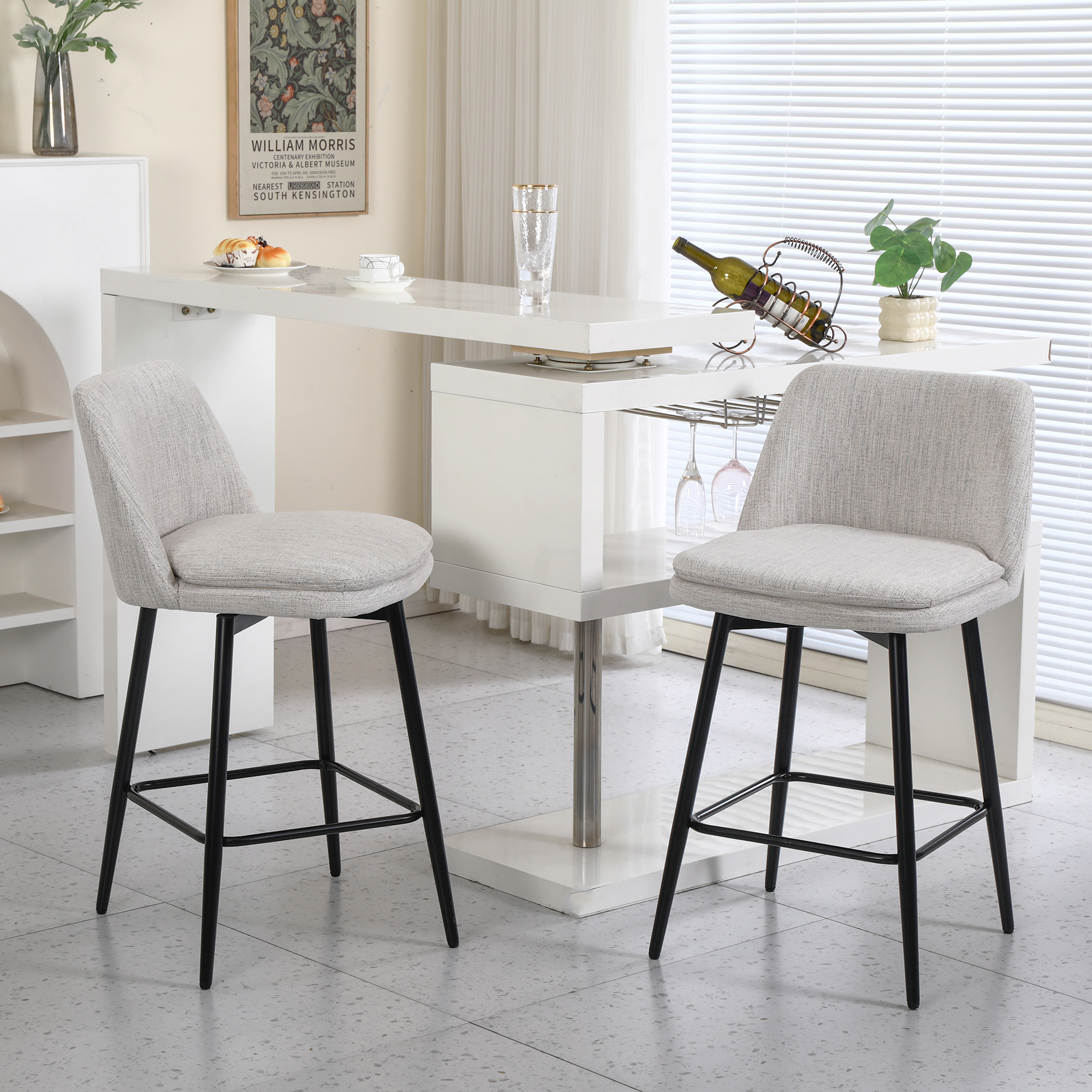 Ensemble 2 tabourets bar pivotants 25,6po, dossier, lin