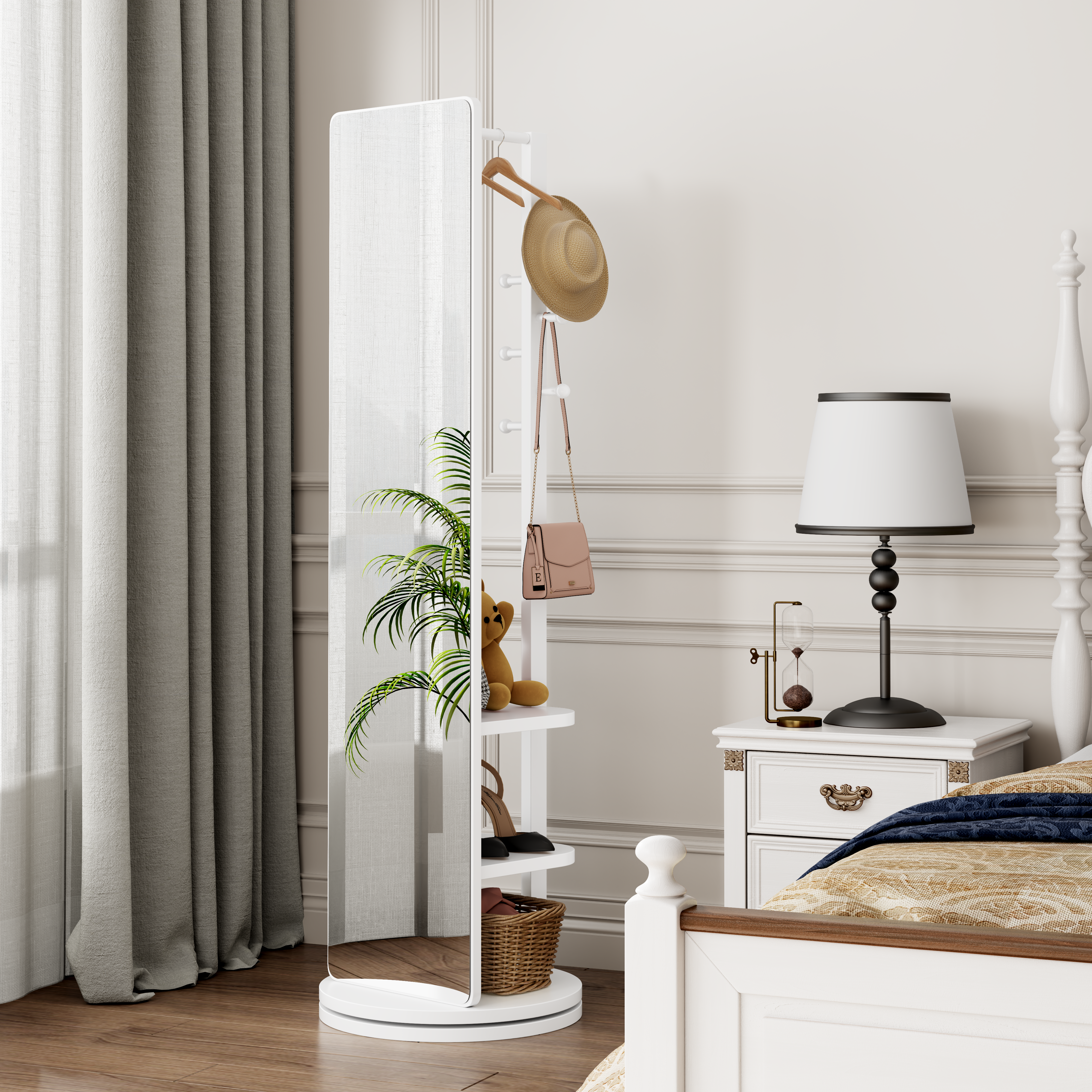 Miroir complet 360° rotatif 69x20 po support manteaux blanc bois massif