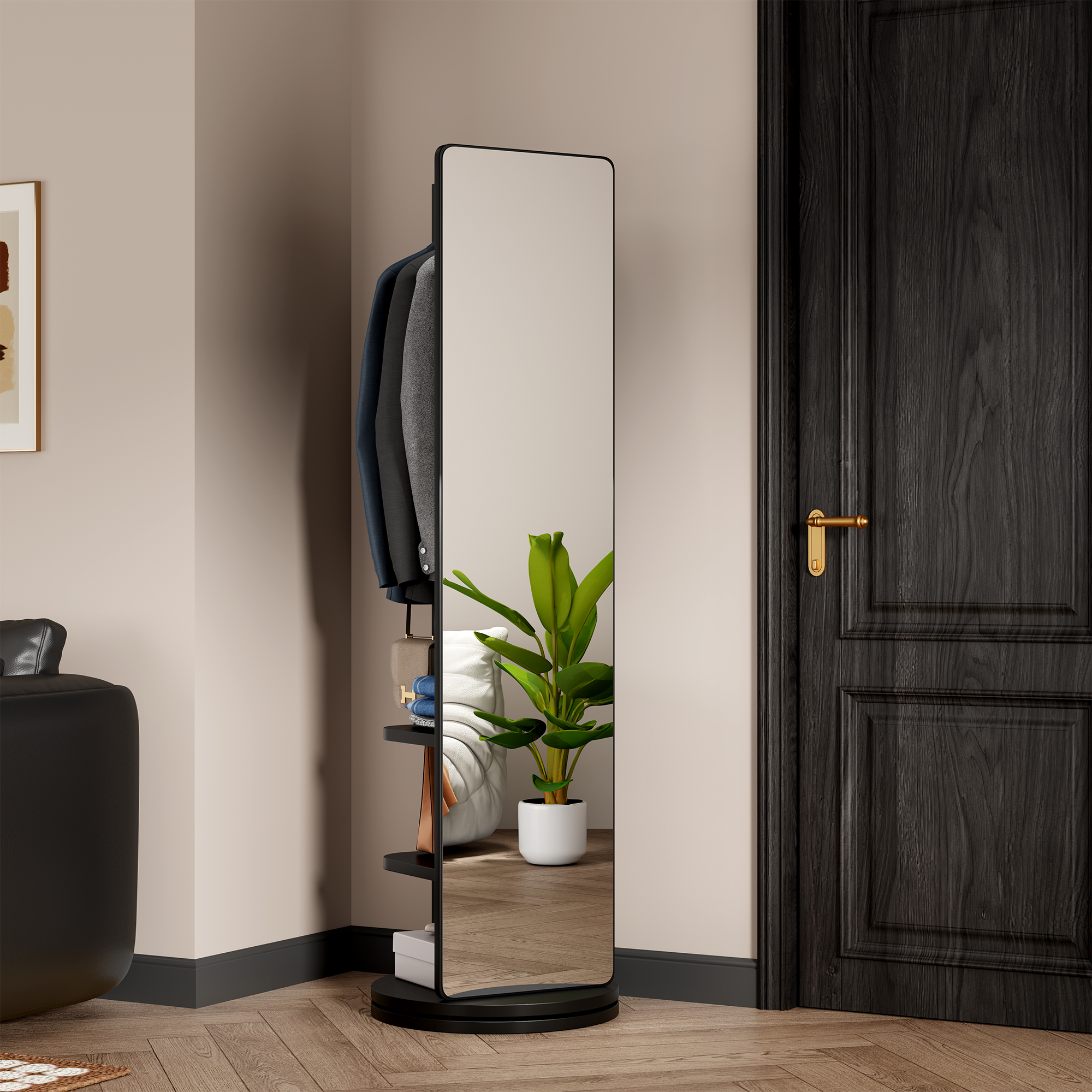 Miroir pleine longueur pivotant 69x20po avec rangement noir