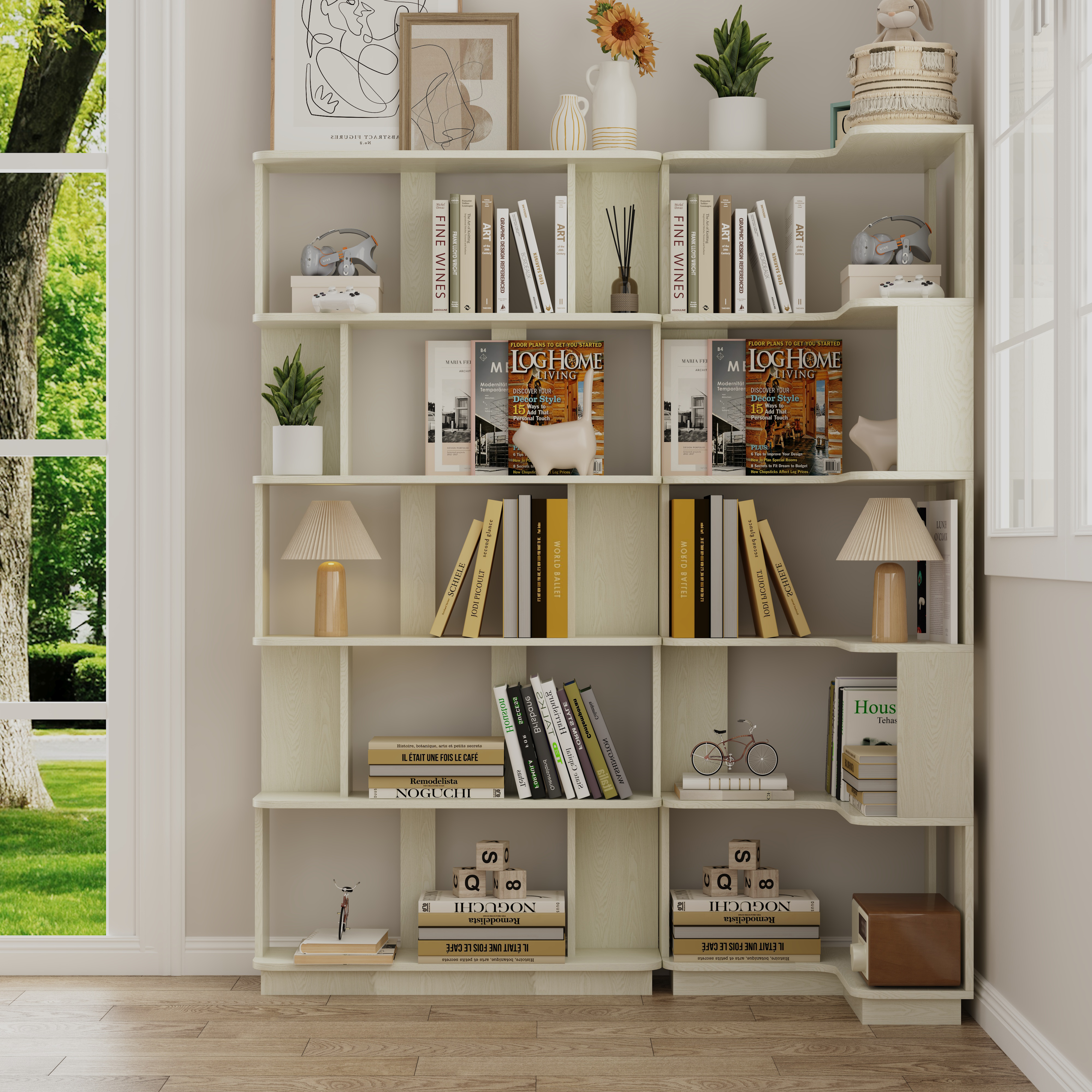 Série 2 bibliothèques angle 55-80 cm bois blanc chêne