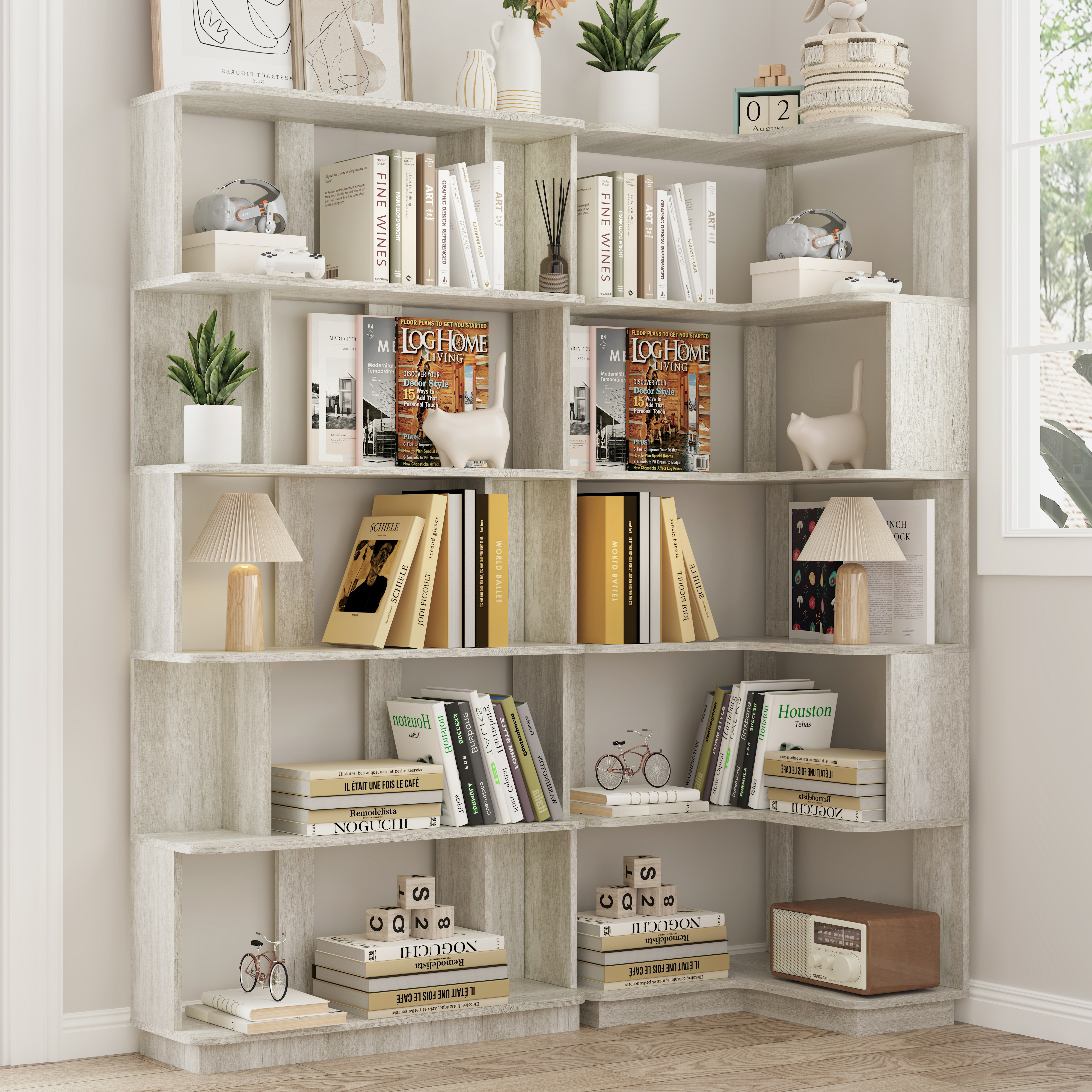 Ensemble 2 bibliothèques angle 55cm+80cm gris, forme L et I, gain d'espace