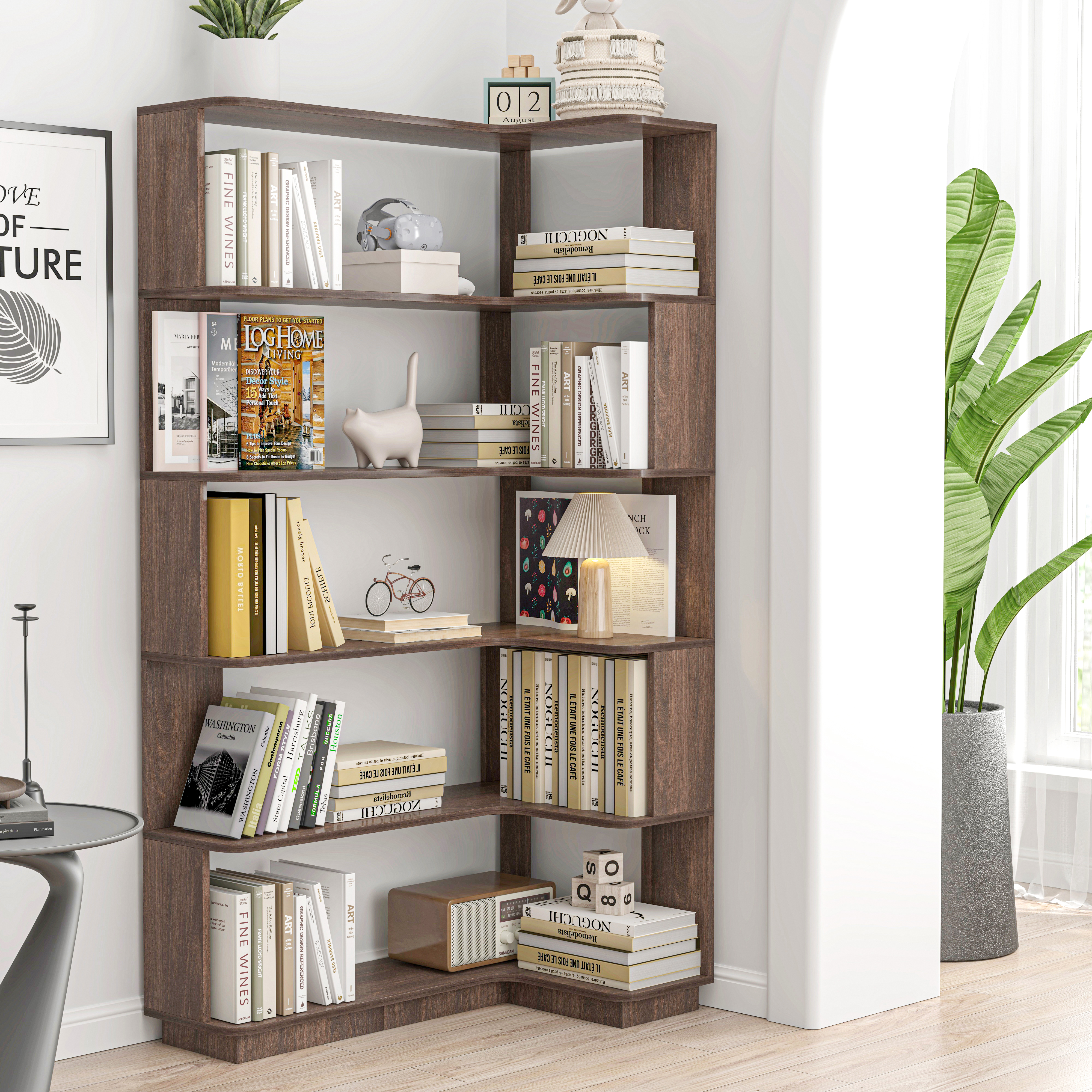 Bibliothèque d'angle 90cm bois 5 étages, anti-basculement