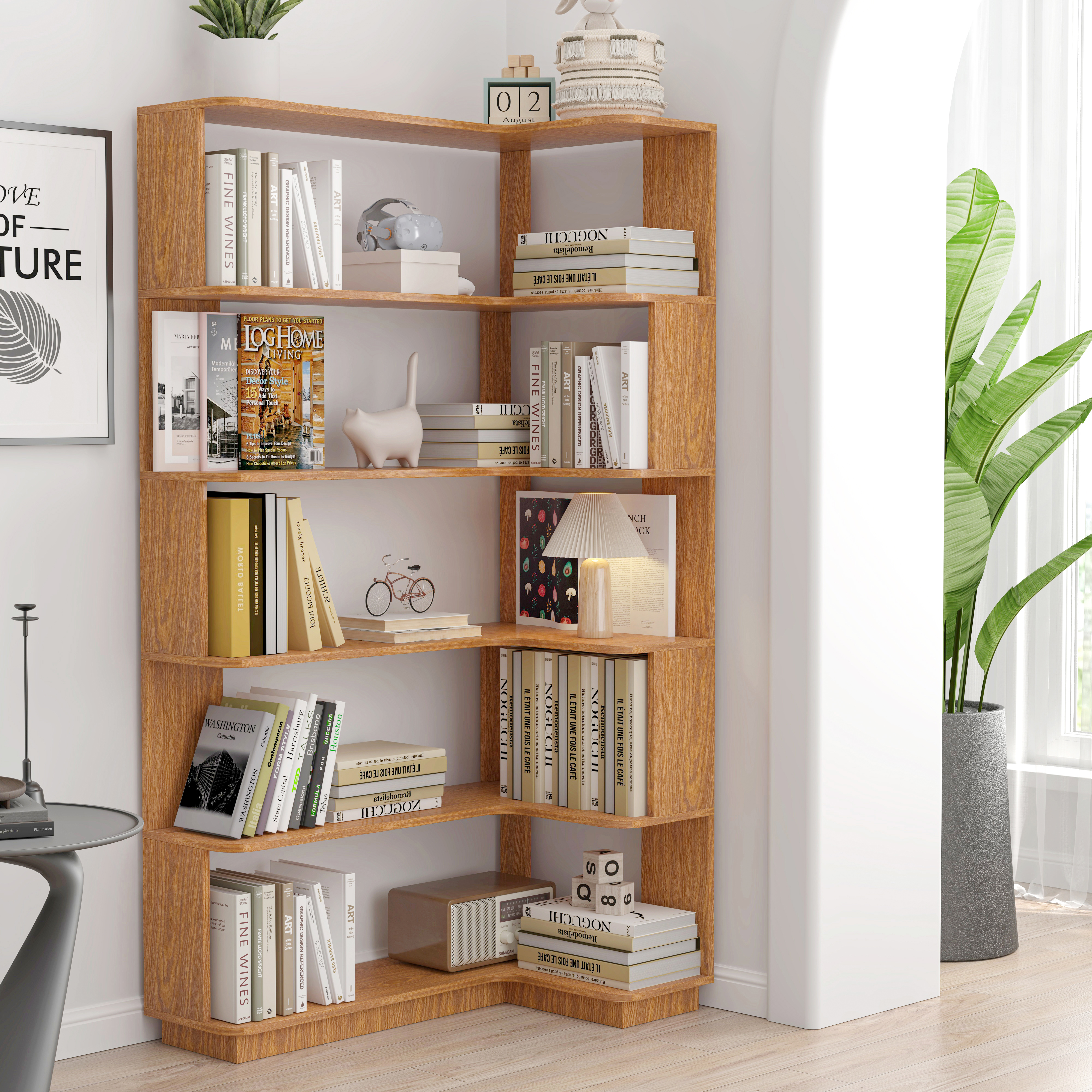 Bibliothèque d'angle 90cm bois 5 étages, anti-basculement