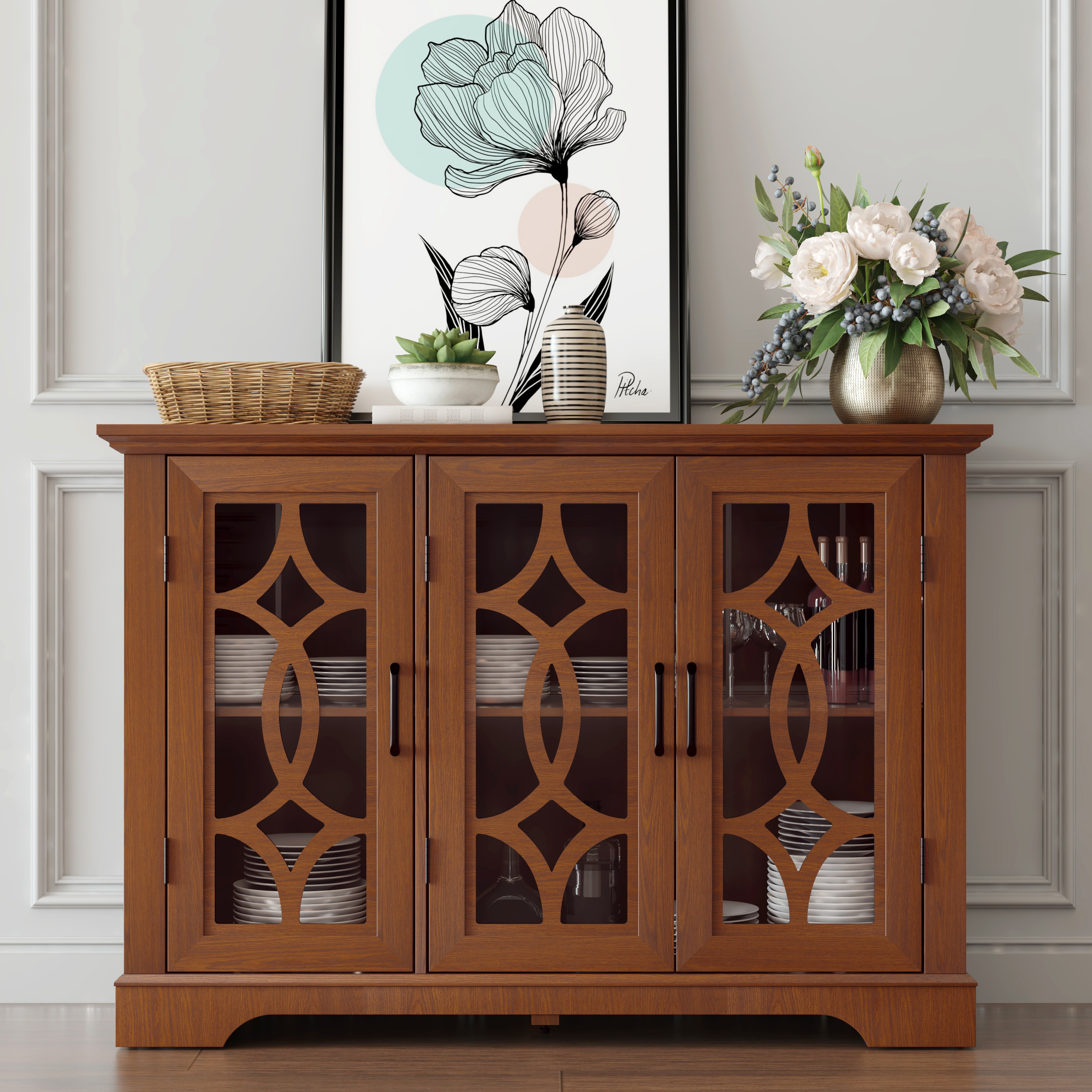 Buffet 48,66x15,55x34,06", 3 portes verre trempé, chêne foncé