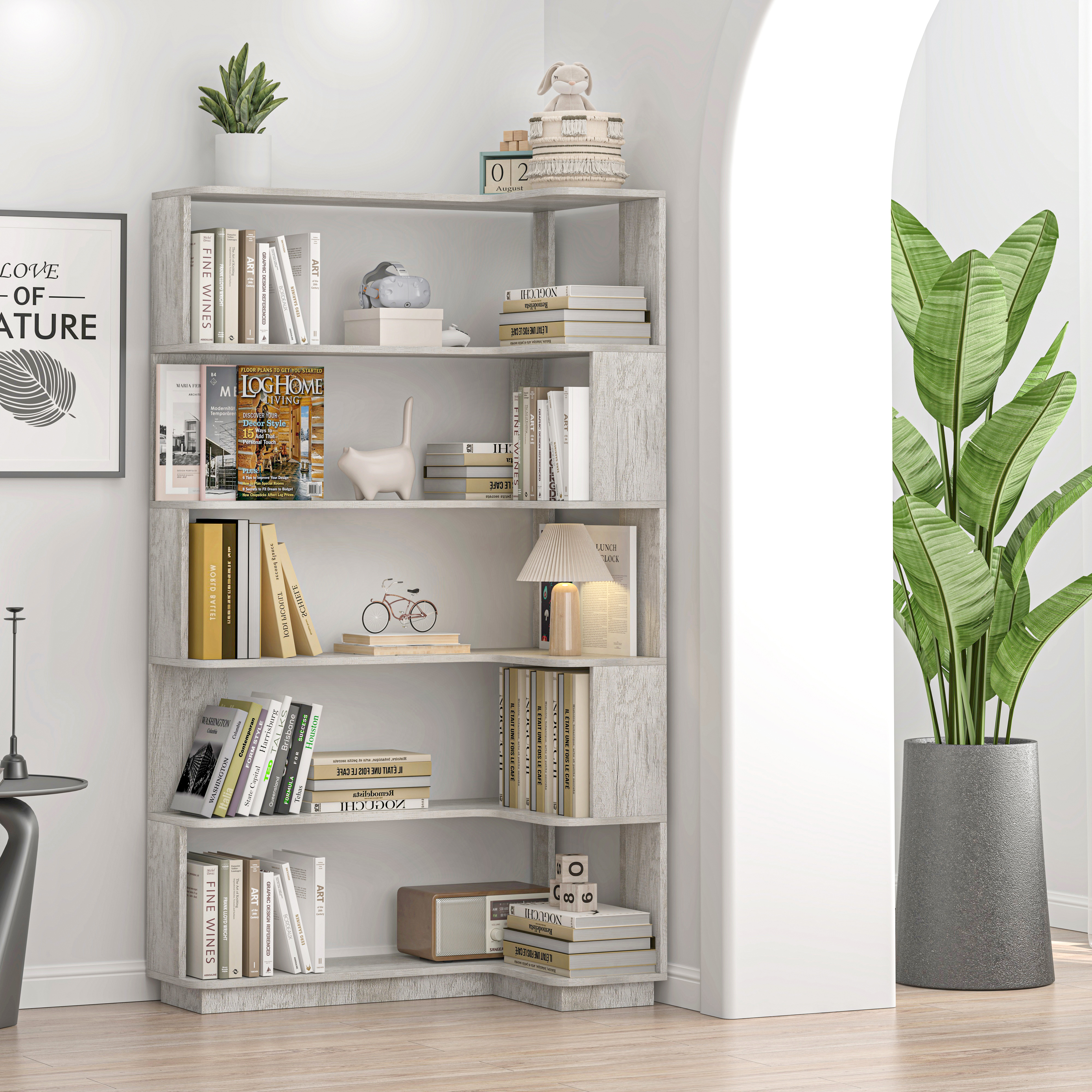 Bibliothèque d'angle 90cm bois 5 étages, anti-basculement