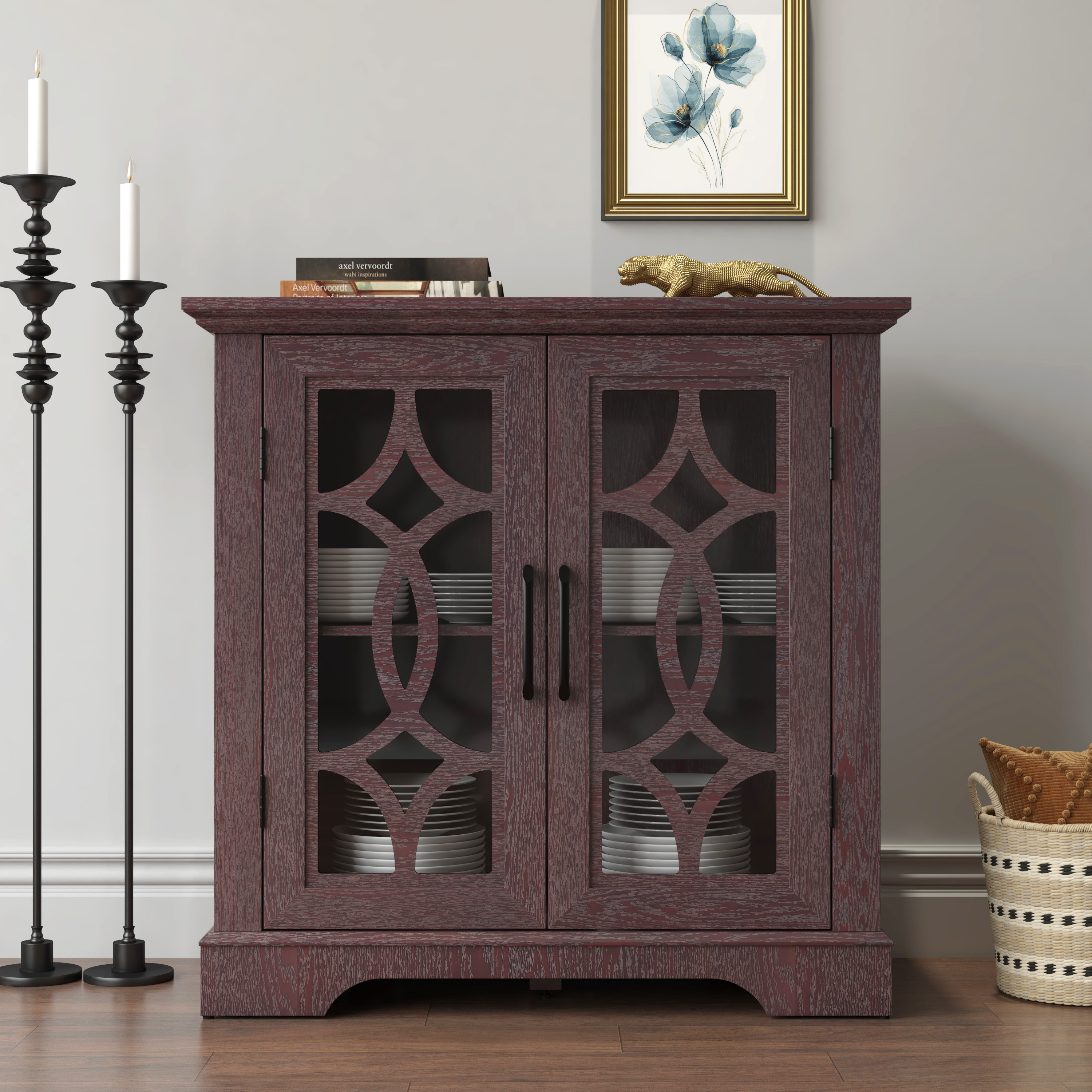 Buffet 34.37x15.55x34.06po portes verre tempé, tablettes MDF rouge