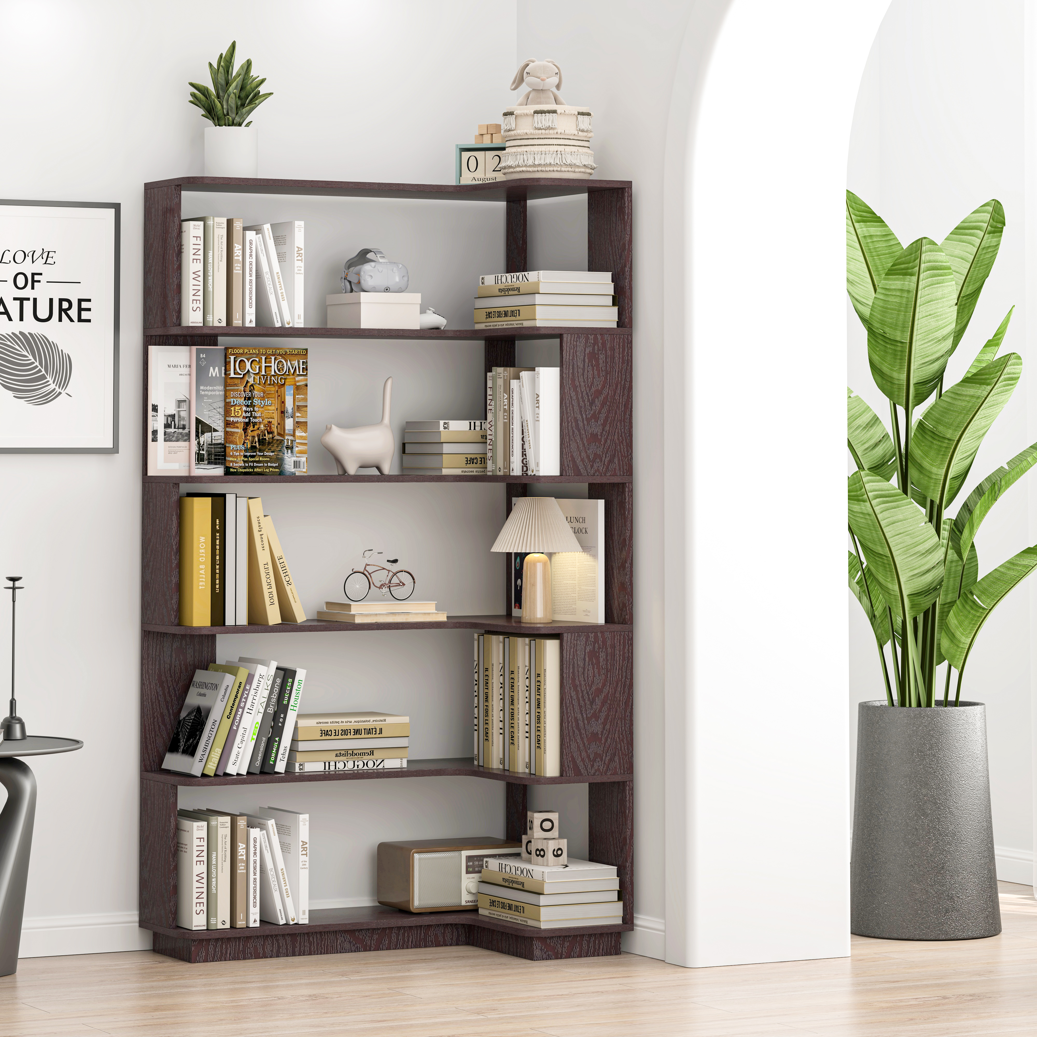 Bibliothèque d'angle 90cm bois 5 étages, anti-basculement