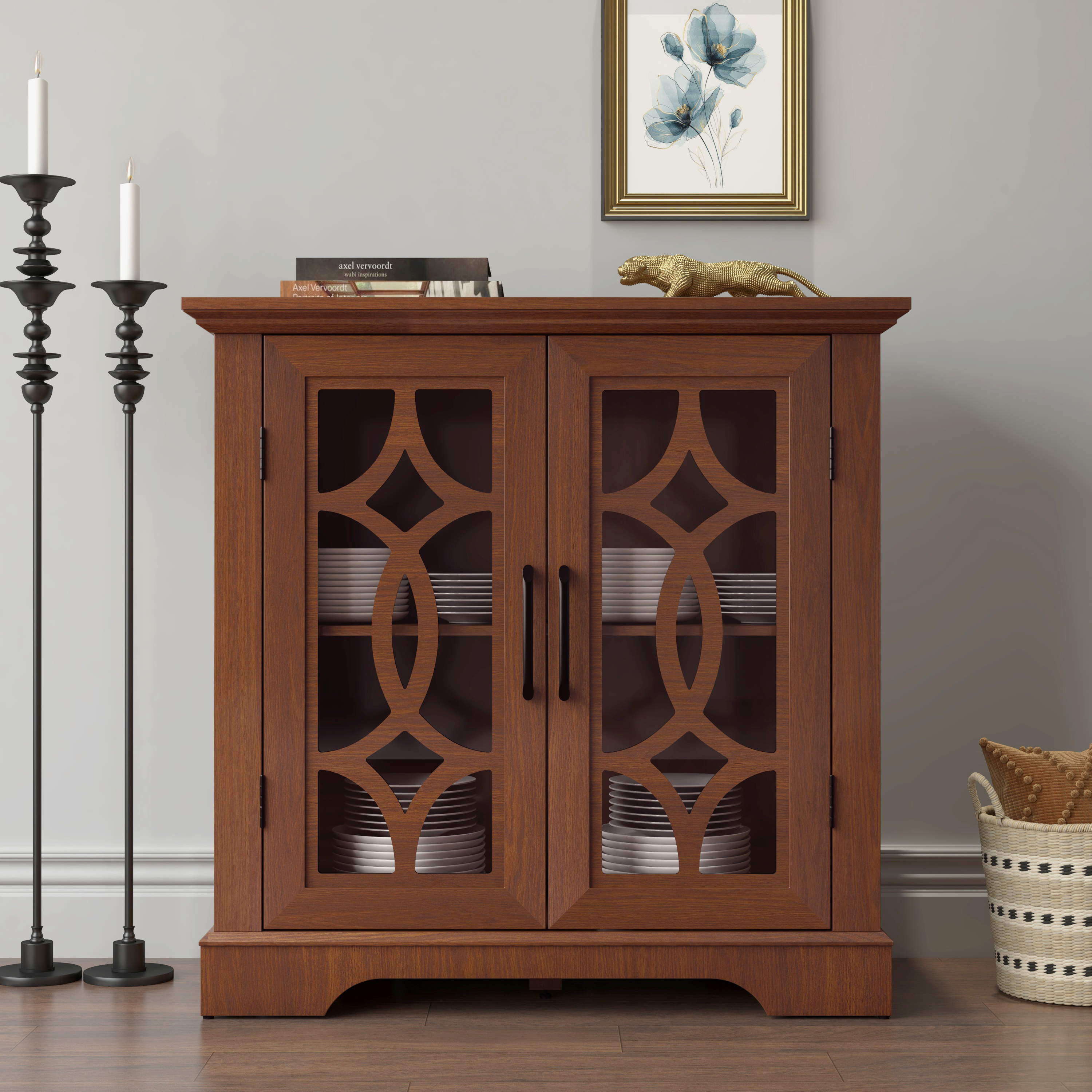Armoire buffet 34,37 po, portes verre, chêne foncé
