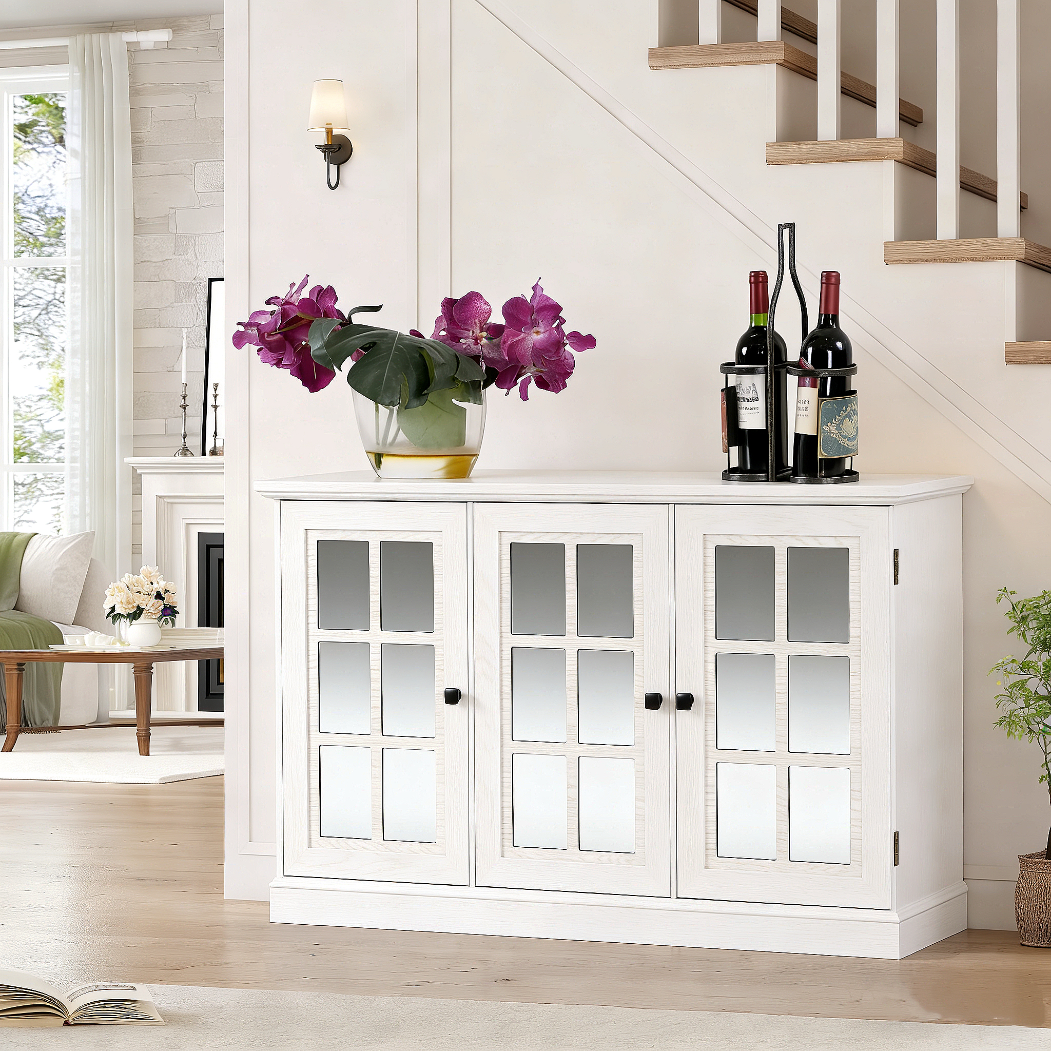 Buffet 45 po 3 portes miroir acrylique, étagères ajustables