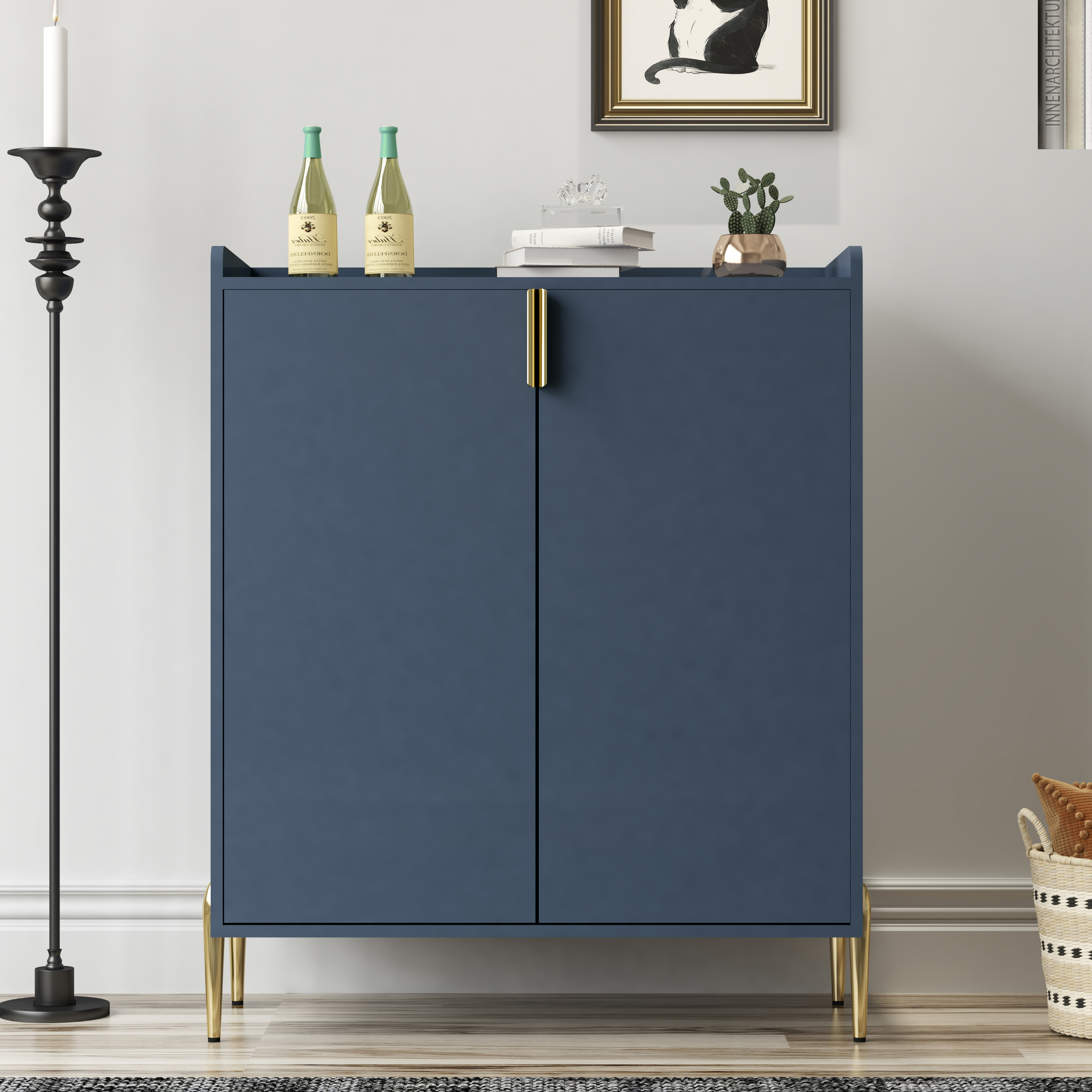 Armoire bar vin 2 portes, rangement, sideboard moderne, bleu