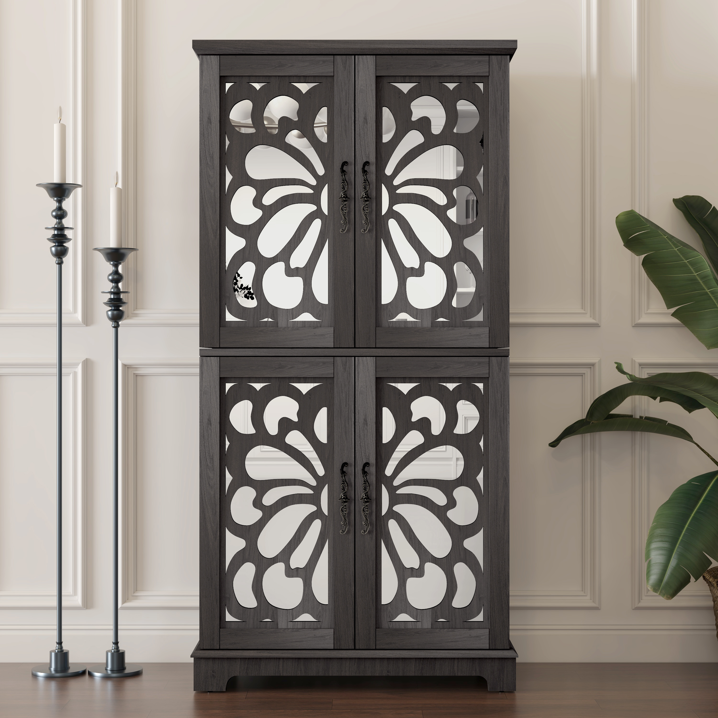 Buffet vitrine 4 portes miroir acrylique, tablettes ajustables, brun
