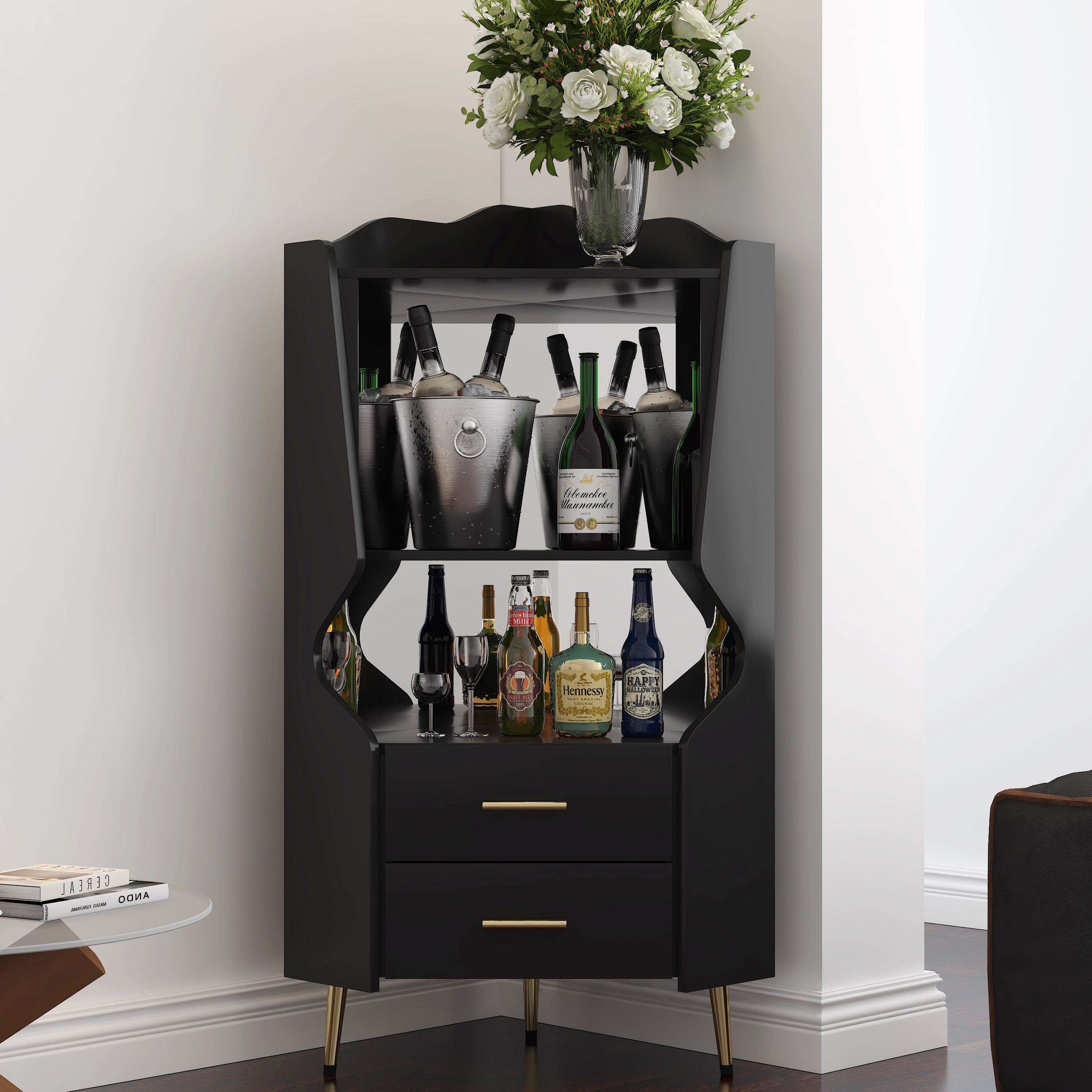 Meuble bar coin bois 2 tablettes ouvertes 2 tiroirs noir