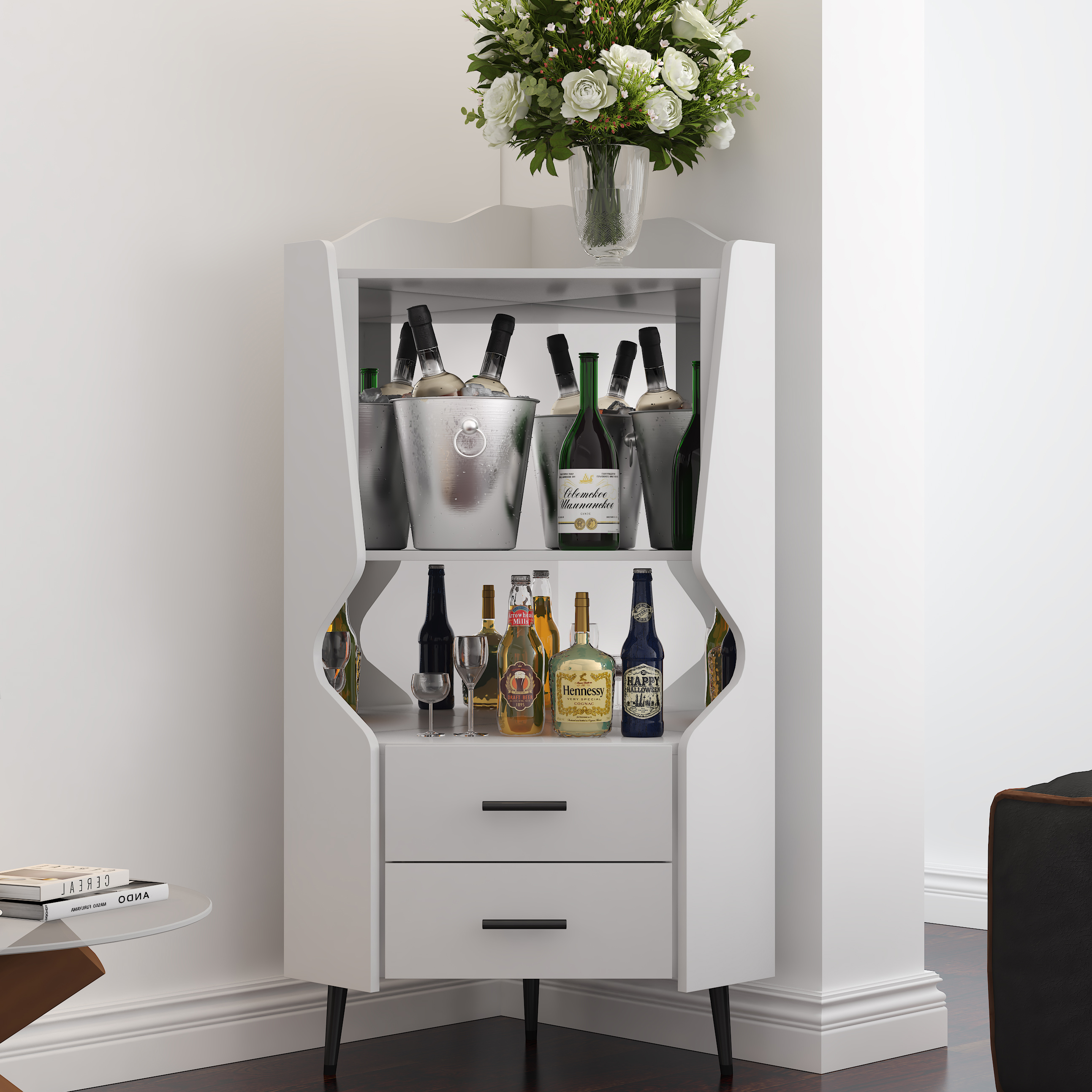 Armoire bar coin bois 2 tablettes ouvertes 2 tiroirs blanc