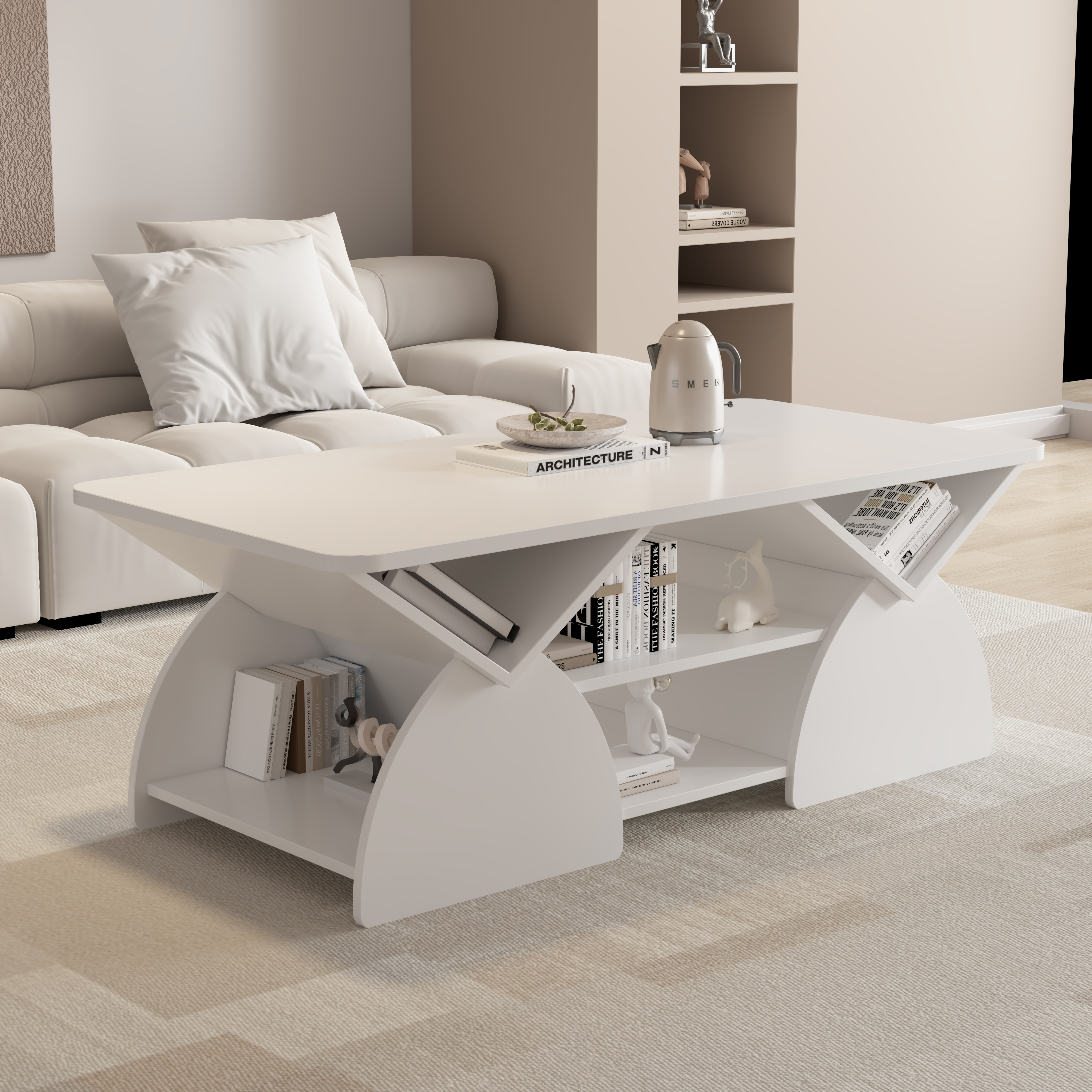 Table café bois coin arrondi, rayons ouverts, blanc
