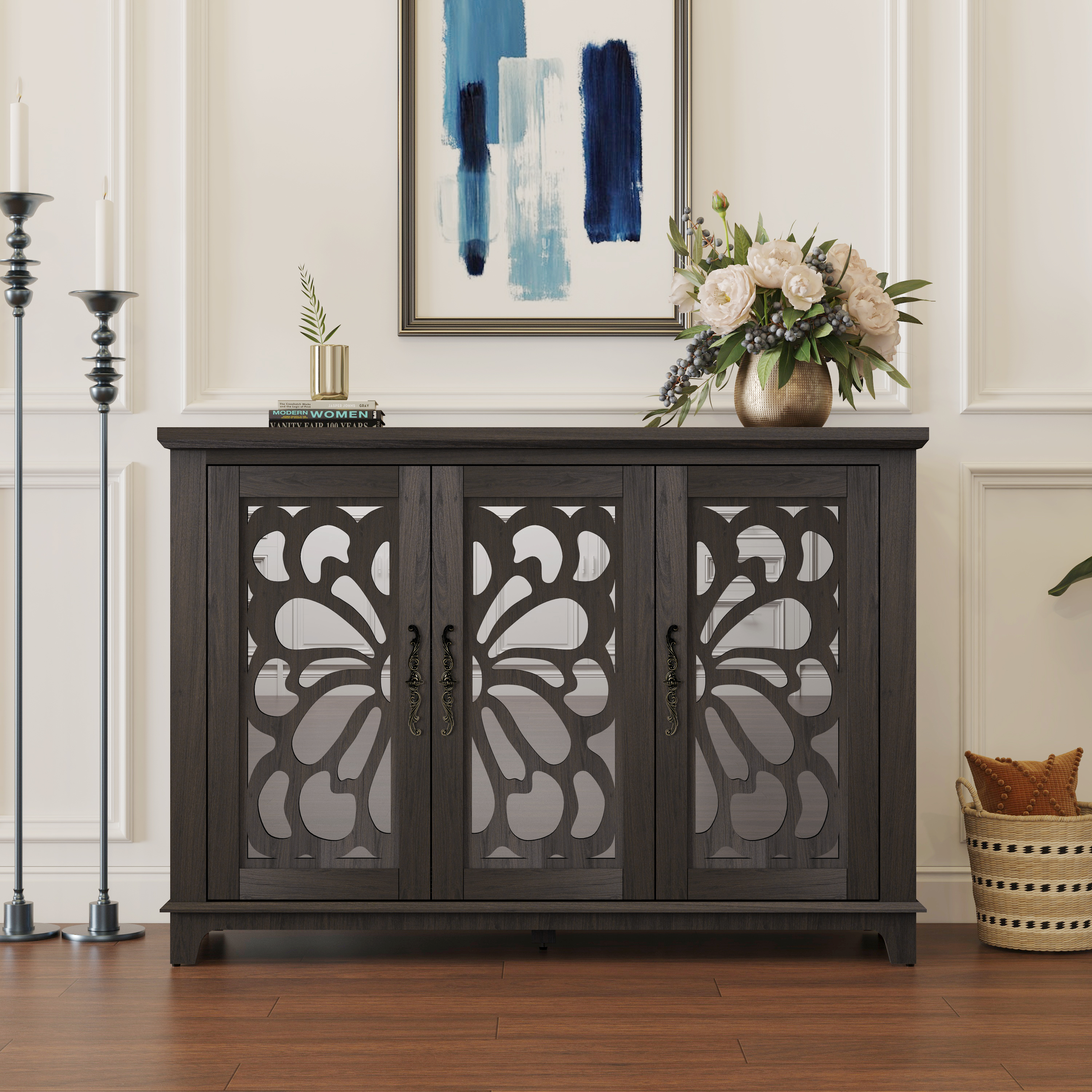 Buffet comptoir 49,33x15,55po, 3 portes miroir, brun