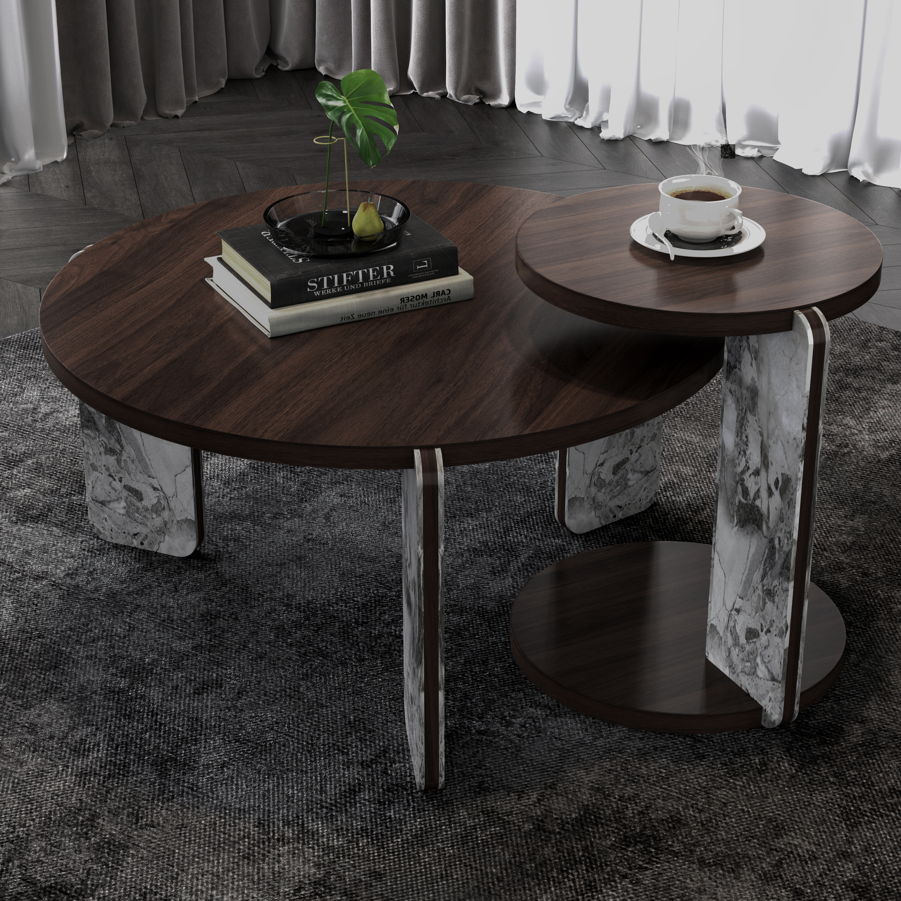 Table Café & Bout Noyer 83cm Marbre Pierre Frittée