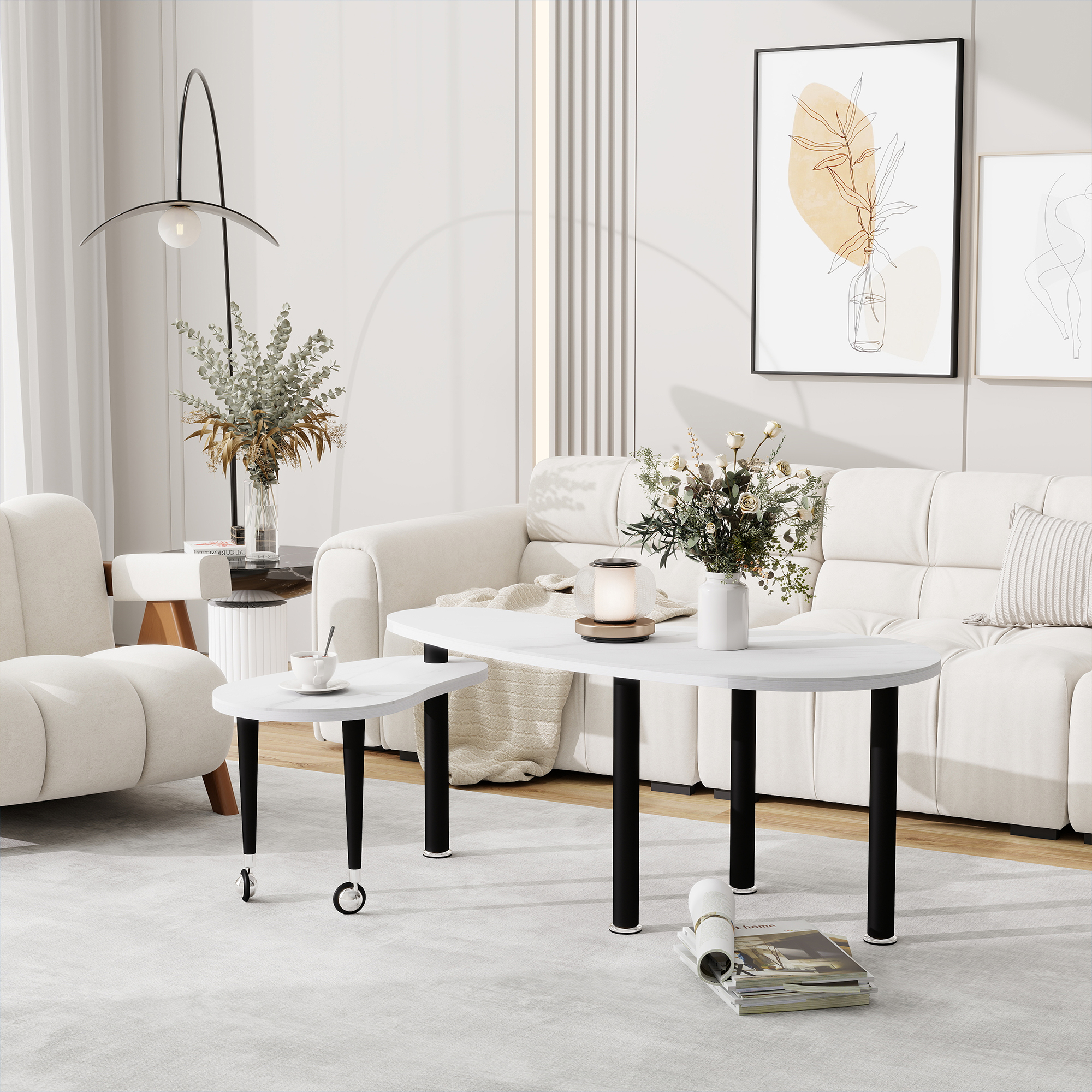 Table cocktail pivotante bois caoutchouc plateau pierre 6mm