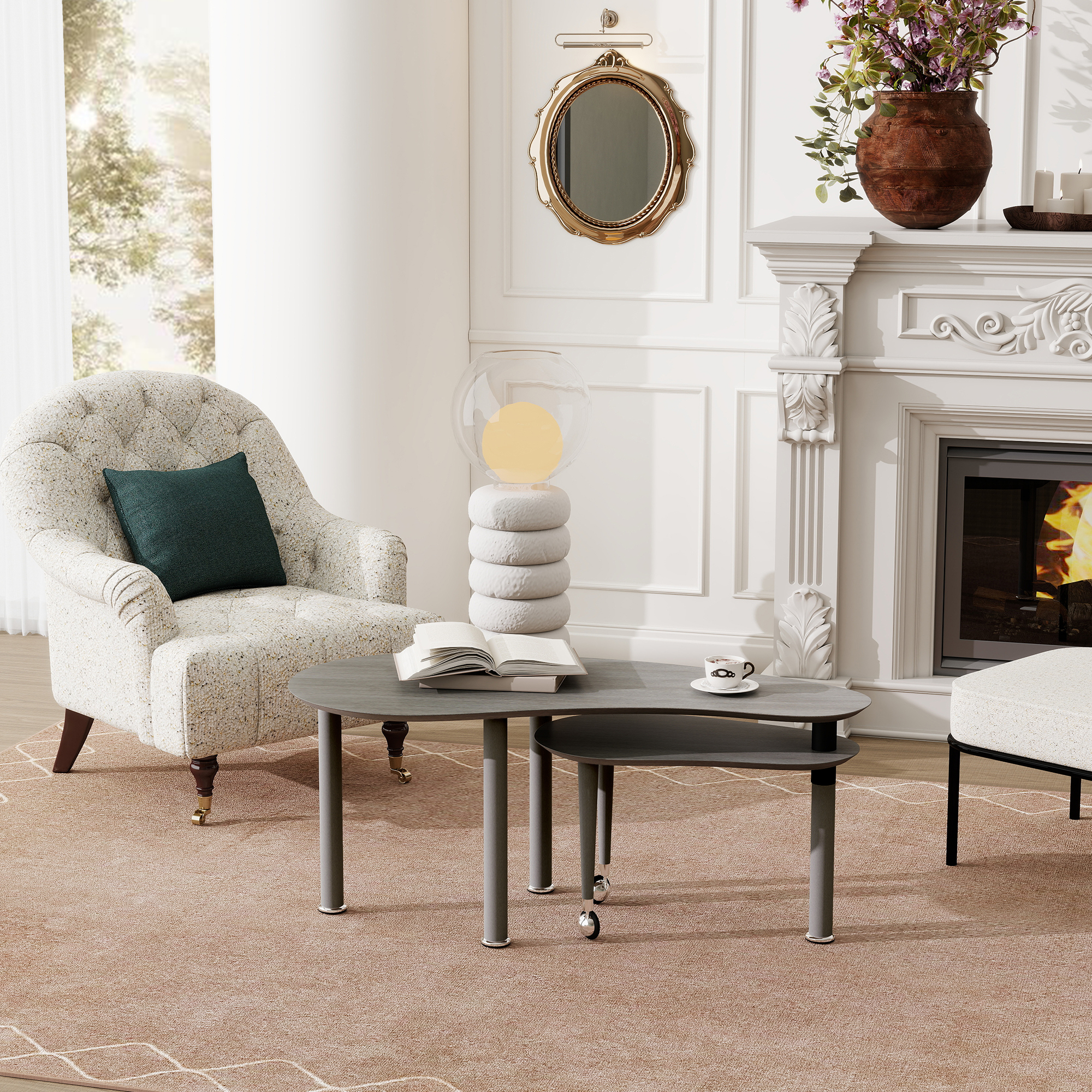 Table basse pivotante 360°, bois caoutchouc, placage grain bois