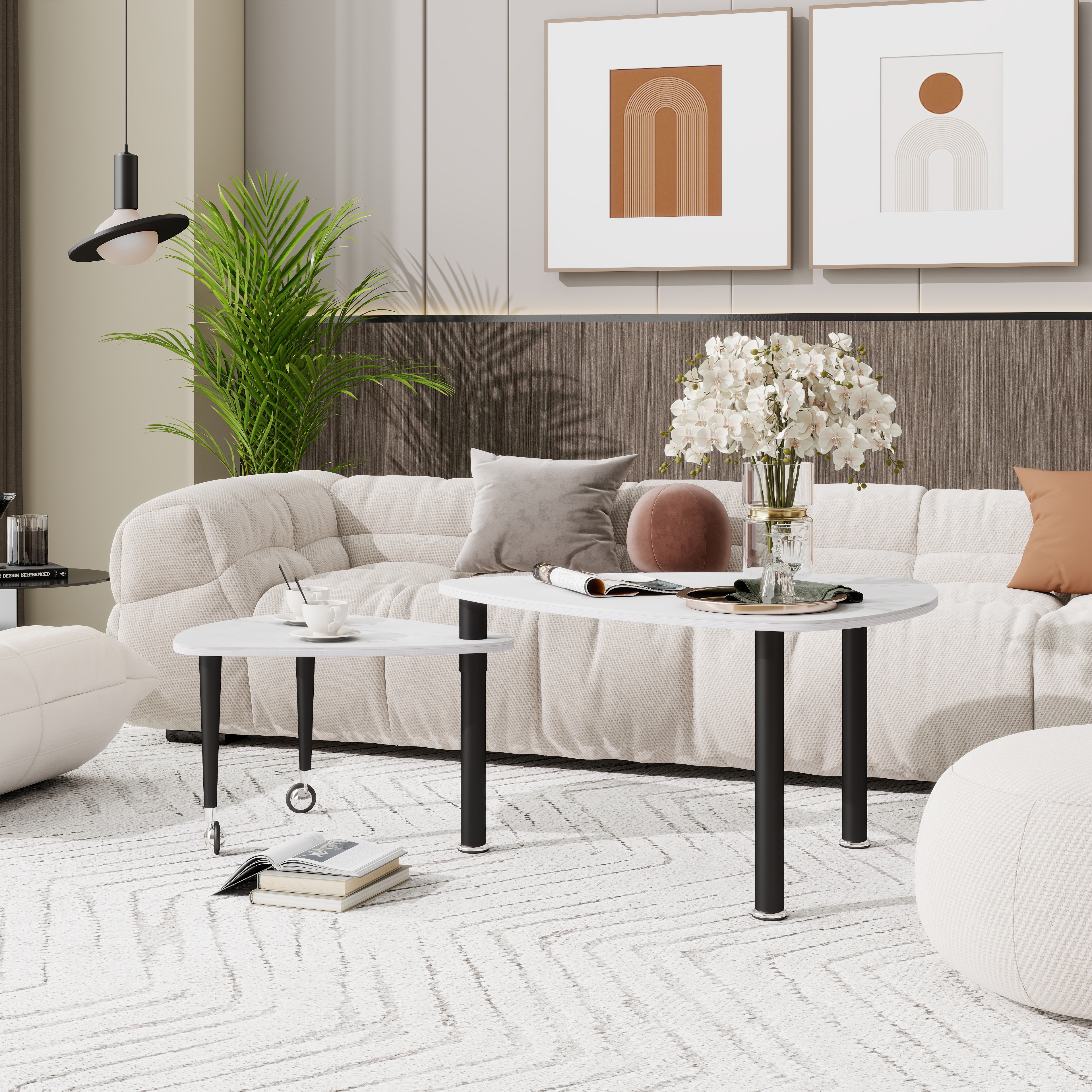 Table basse moderne pierre sintrée 360° pieds bois solide