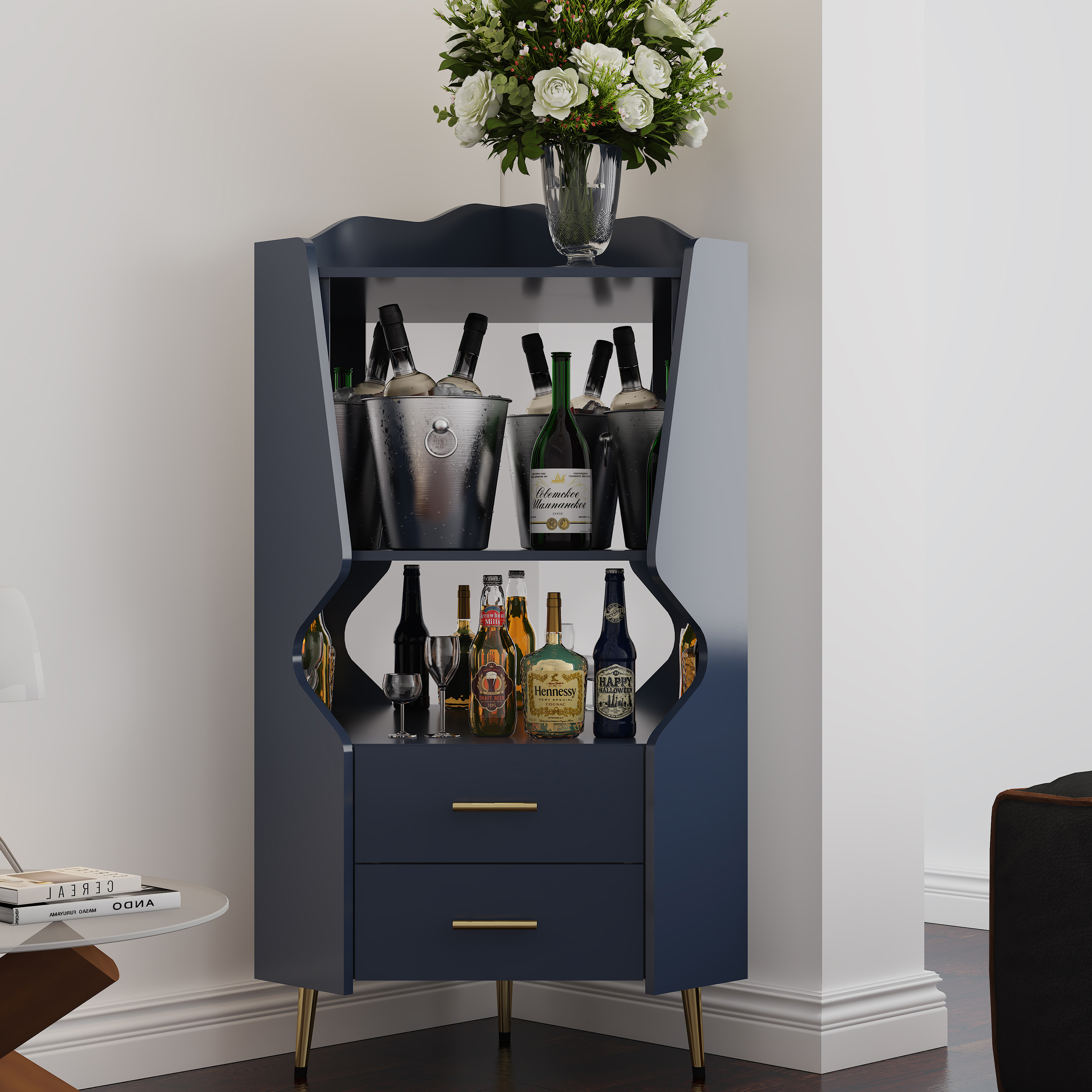 Armoire bar coin bois miroir 2 tiroirs bleu