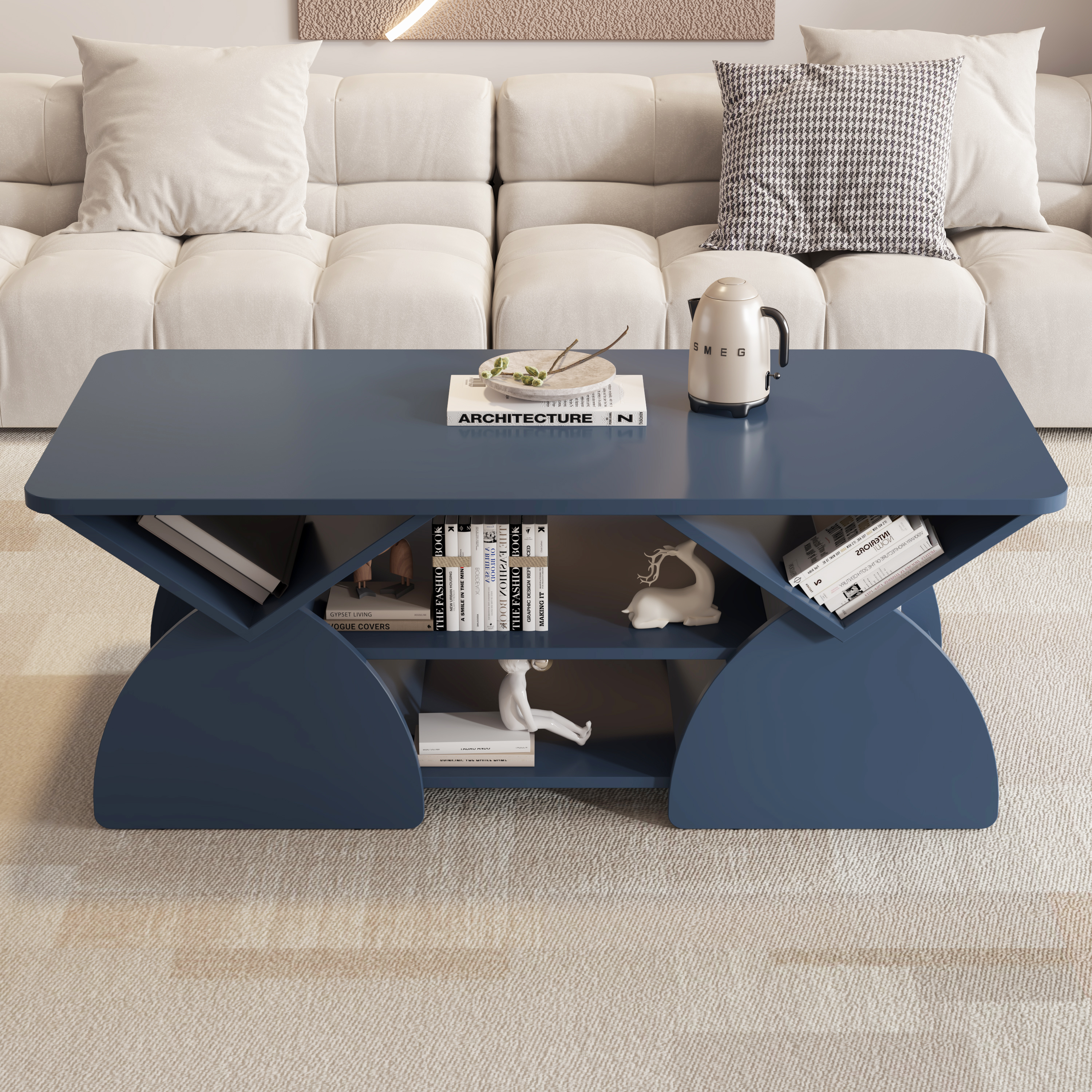 Table café bois bleu, tablettes ouvertes, design géométrique