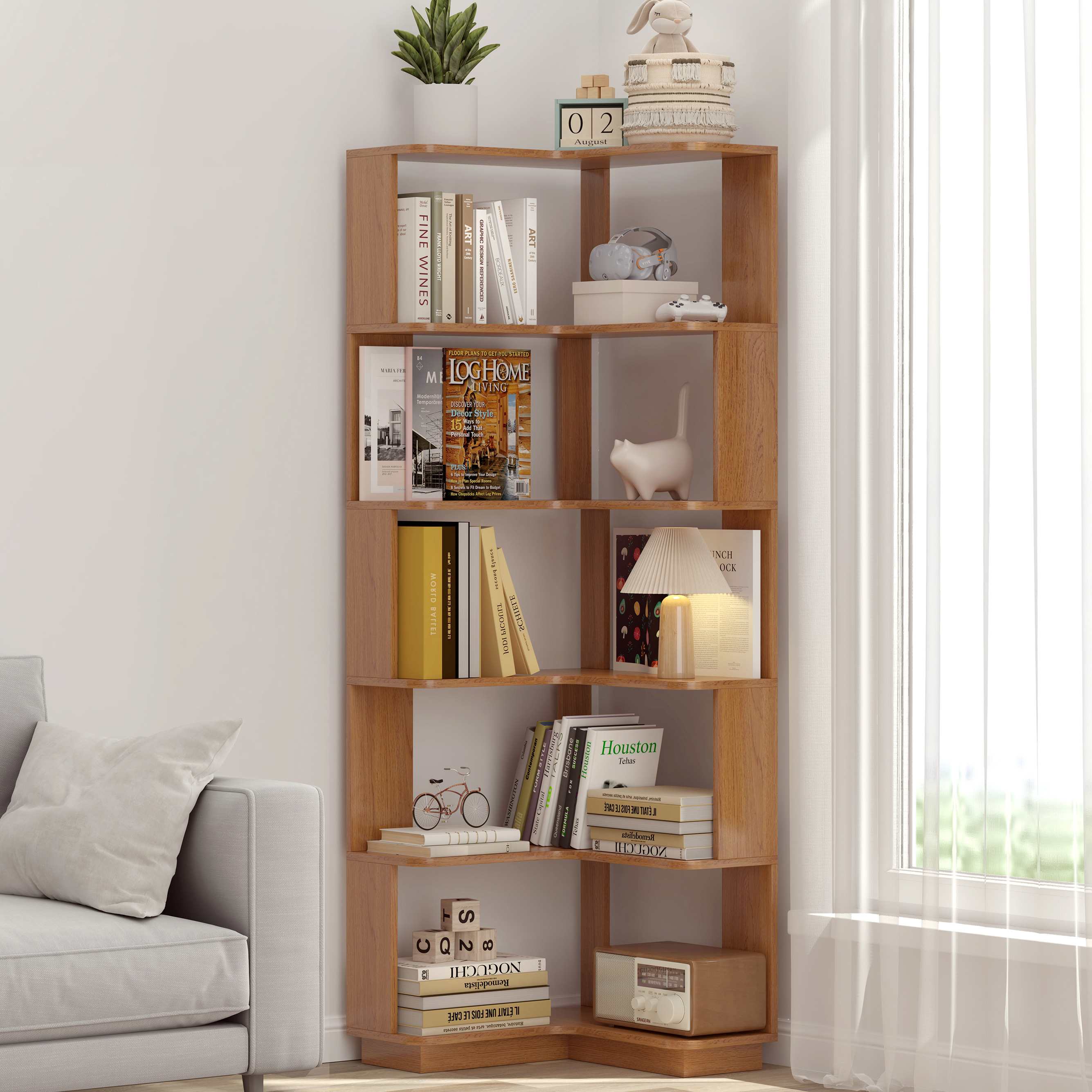 Bibliothèque coin L 6 étages, bois anti-chute, rangement ouvert chêne foncé