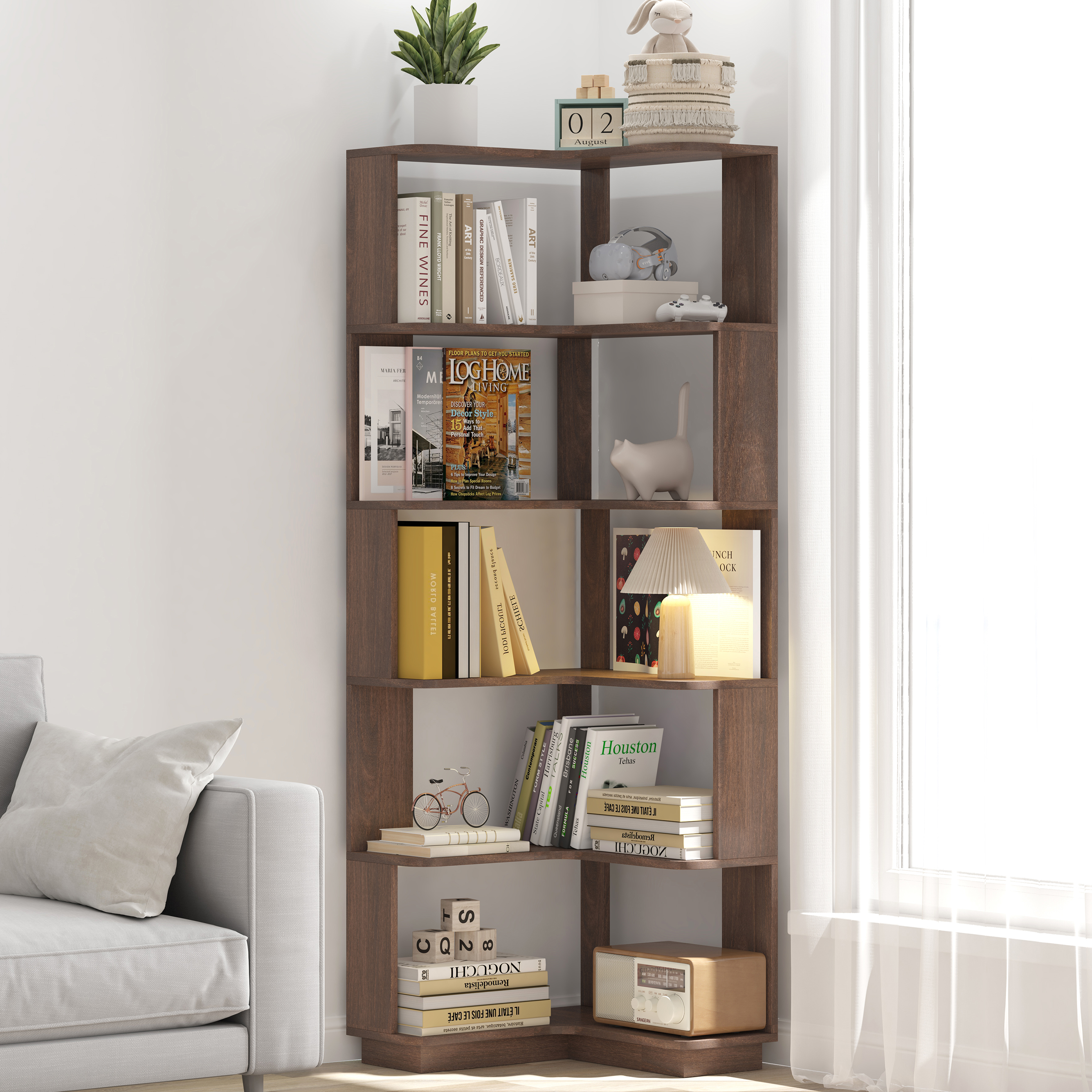 Bibliothèque d'angle 6 étages, brun foncé, avec dispositif anti-basculement
