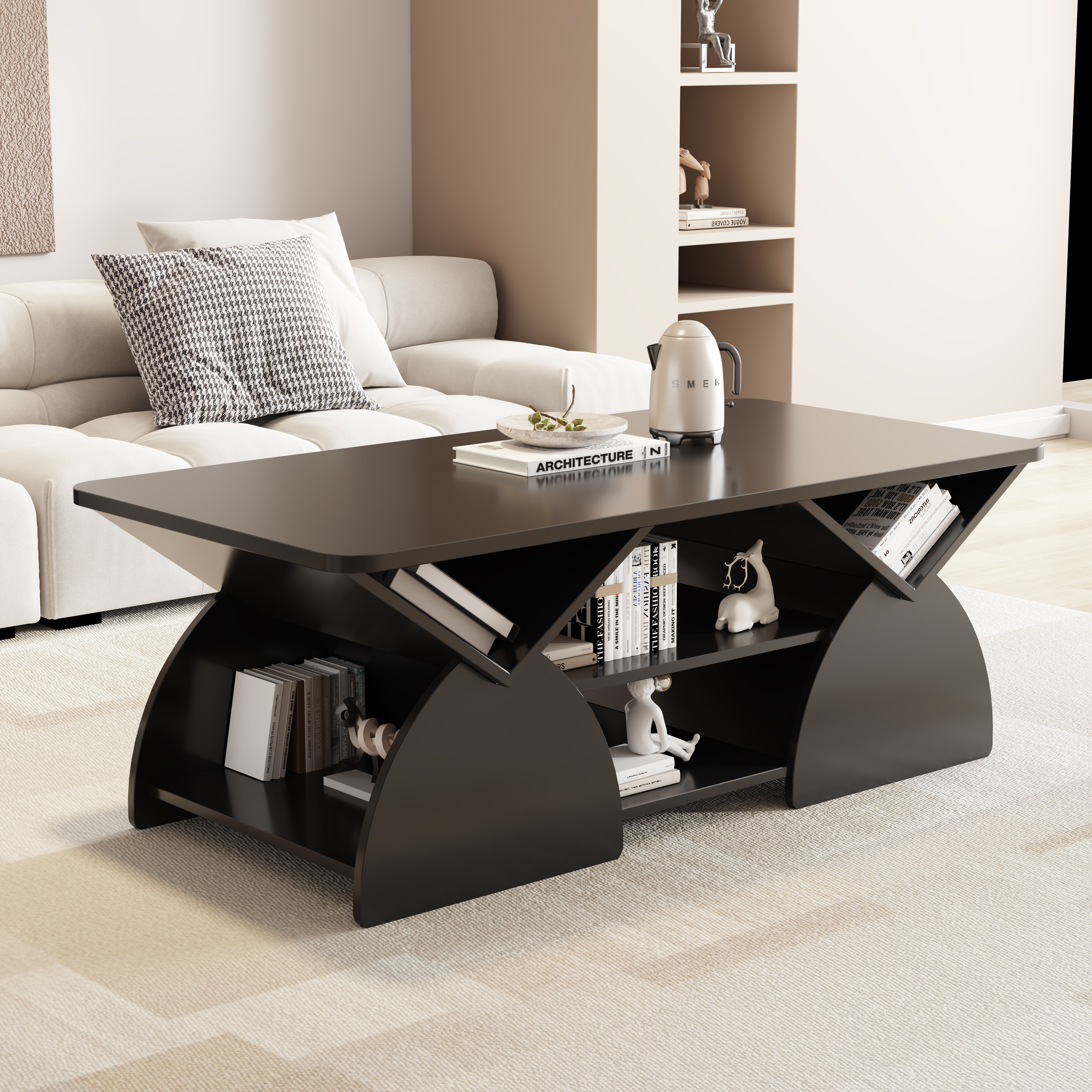 Table café bois coin arrondi, rayons ouverts, noir