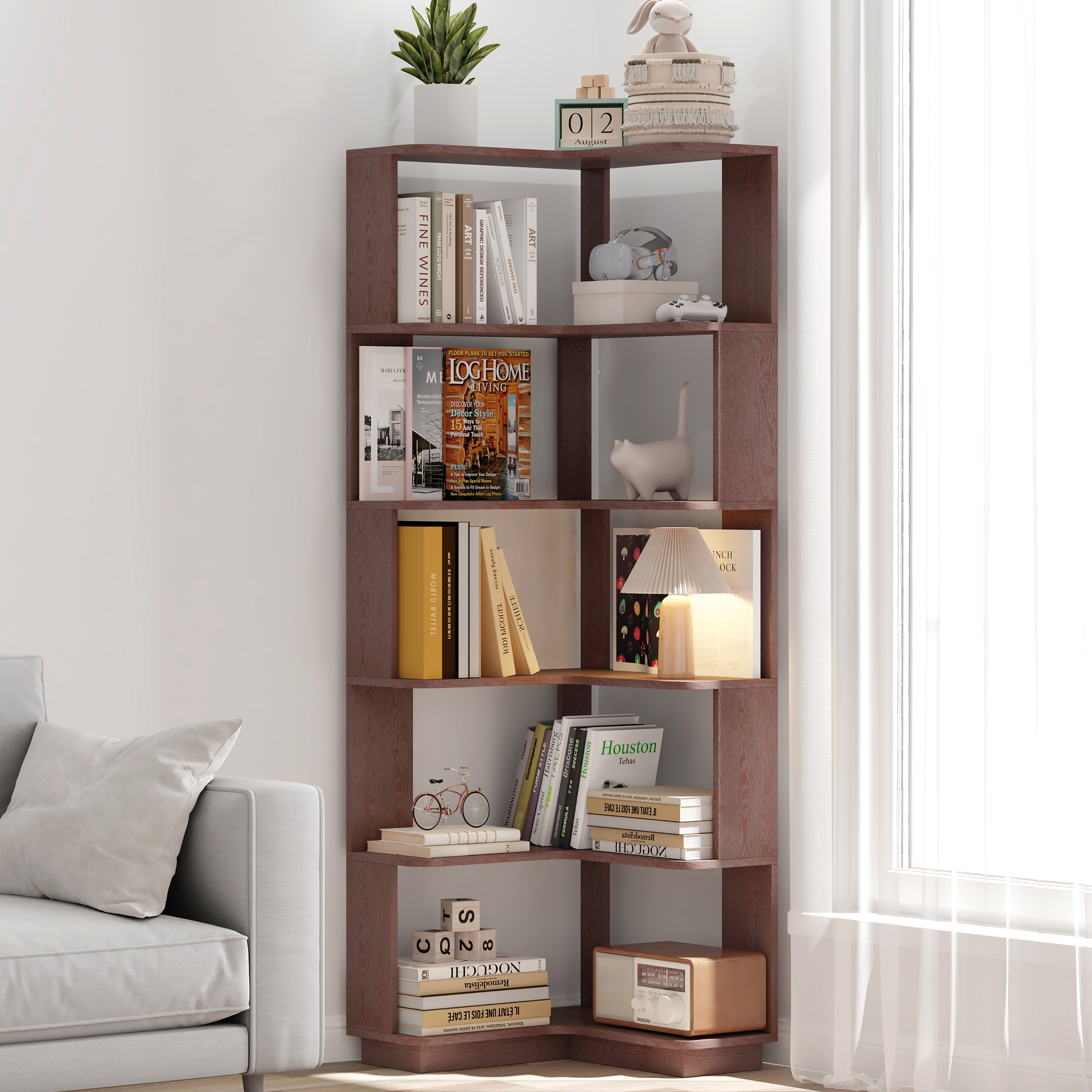 Bibliothèque en L 6 étages bois, rangement ouvert, rouge foncé