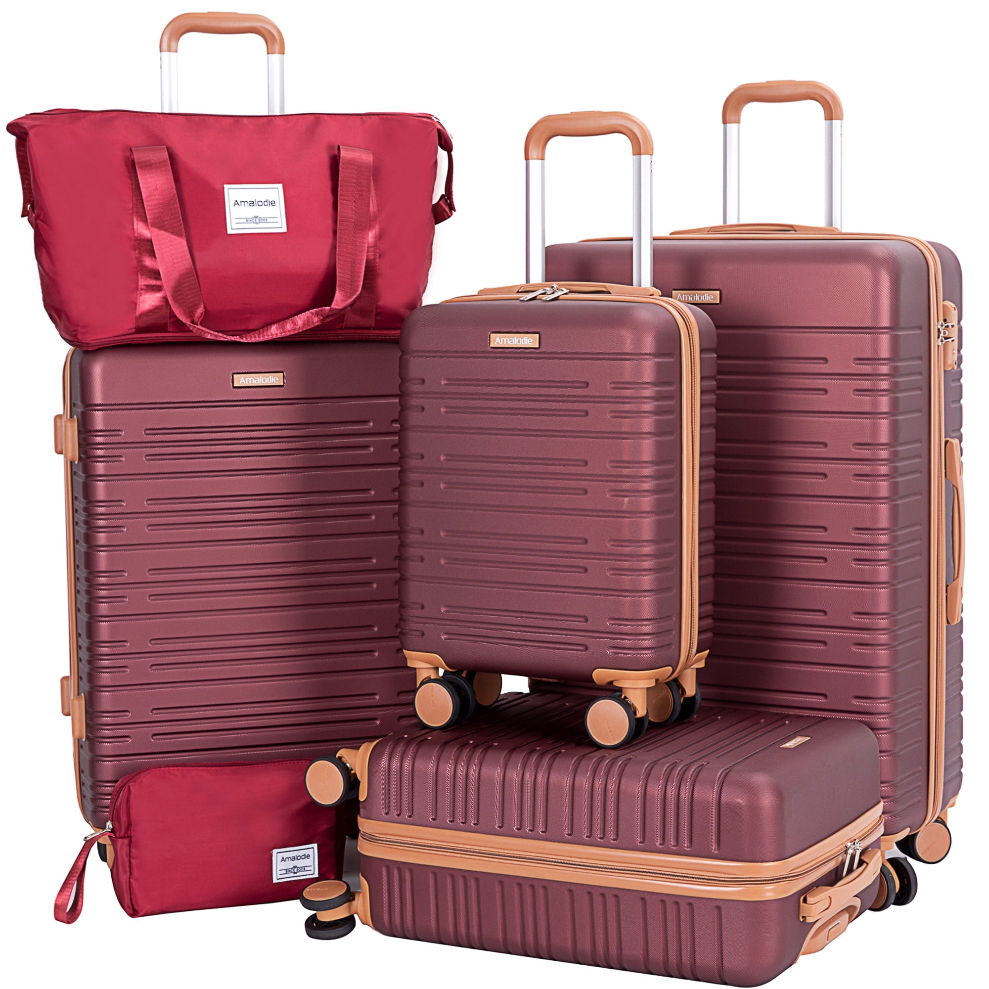 Ensemble de 6 valises ABS coque rigide avec verrou TSA, ROUGE VIN