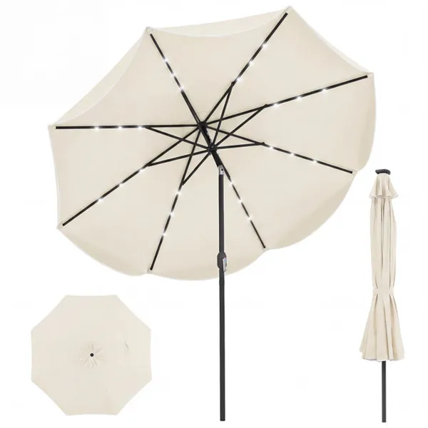 Parasol patio 10pi LED solaire 24 ampoules beige marché extérieur