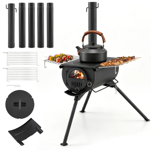Poêle tente bois portable 5 sections, acier carbone