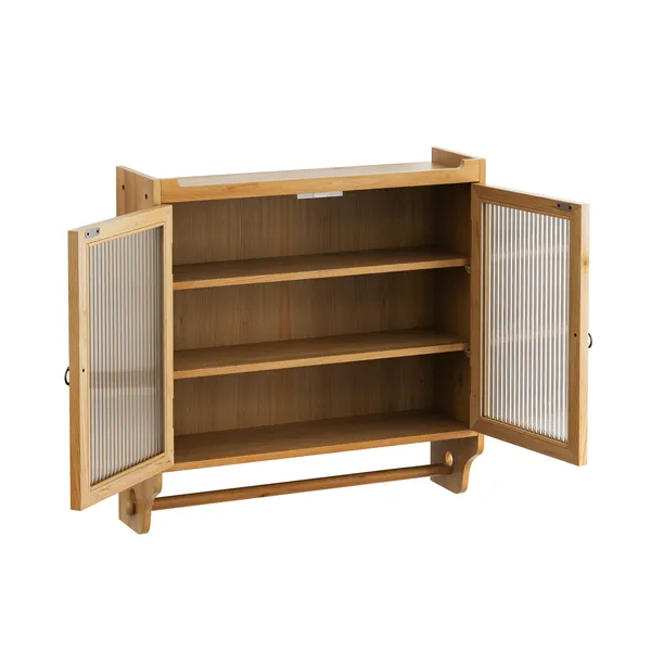 Armoire murale verre portes 24,8 po, 3 tablettes, porte-serviettes, naturel
