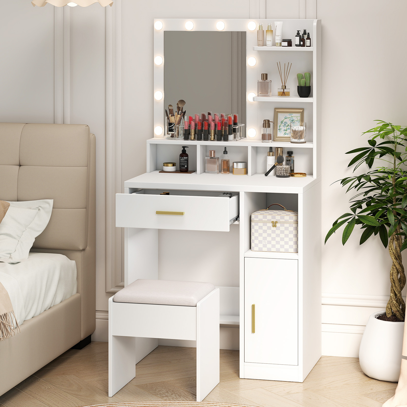 Bureau de vanité miroir 10 ampoules variables tiroirs tablettes