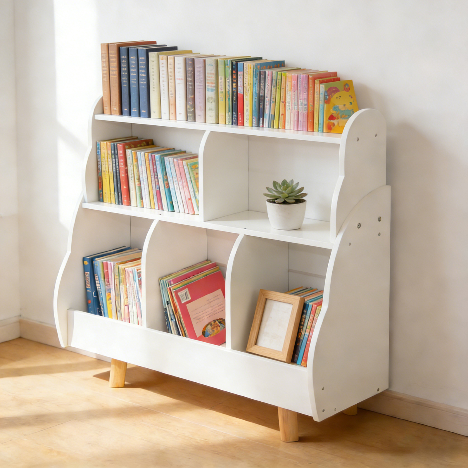 Bibliothèque enfants 3 étages bois, 5 bacs rangement blanche