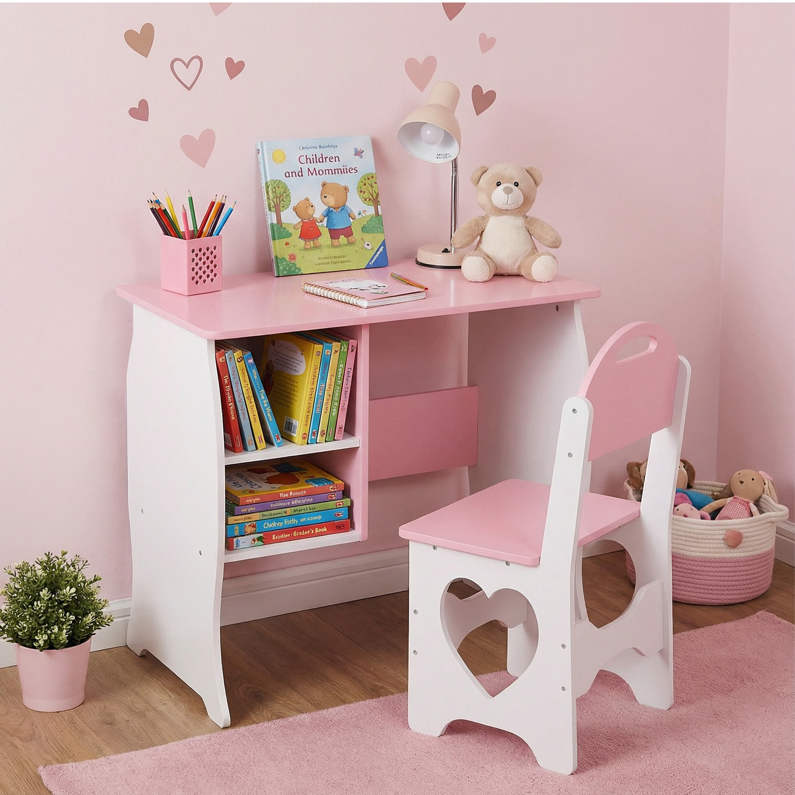 Ensemble bureau enfant chaise bois table étude rangement maison école