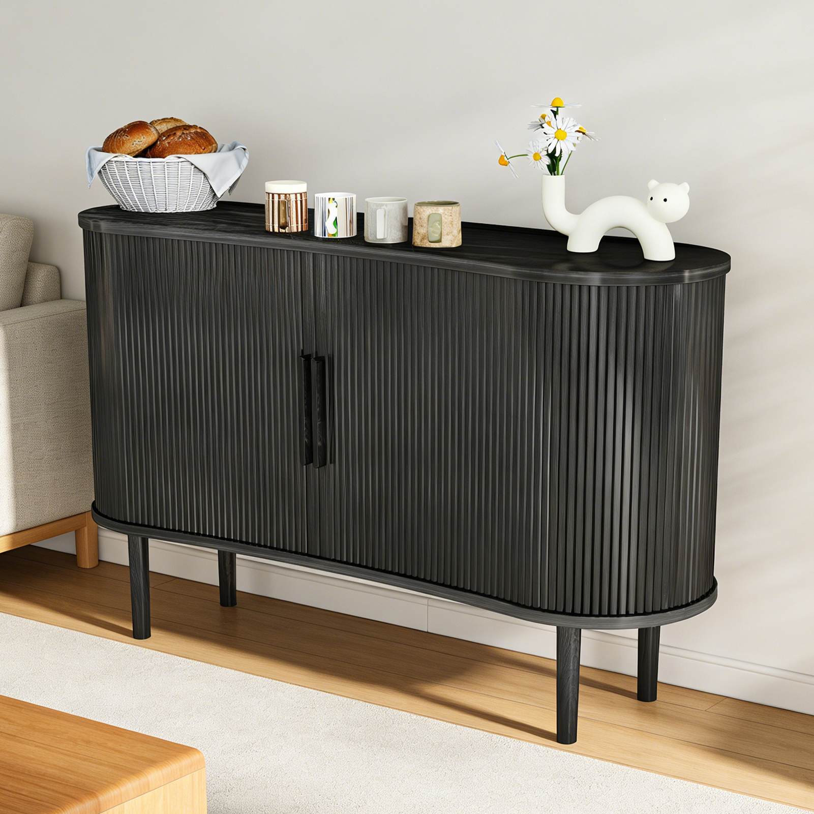 Buffet 55po portes coulissantes moderne rainuré bois