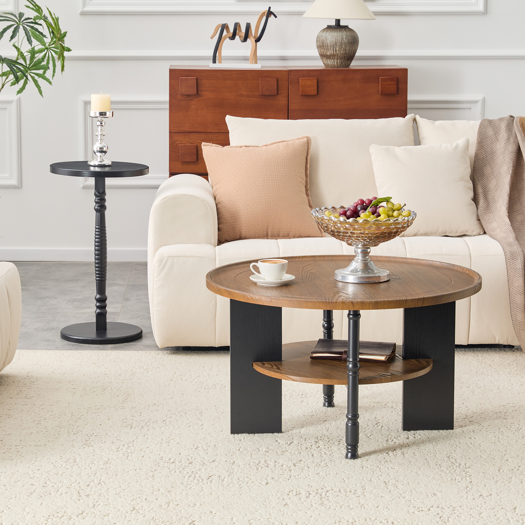 Ensemble 2 tables café rondes PVC, rangement, salon/chambre