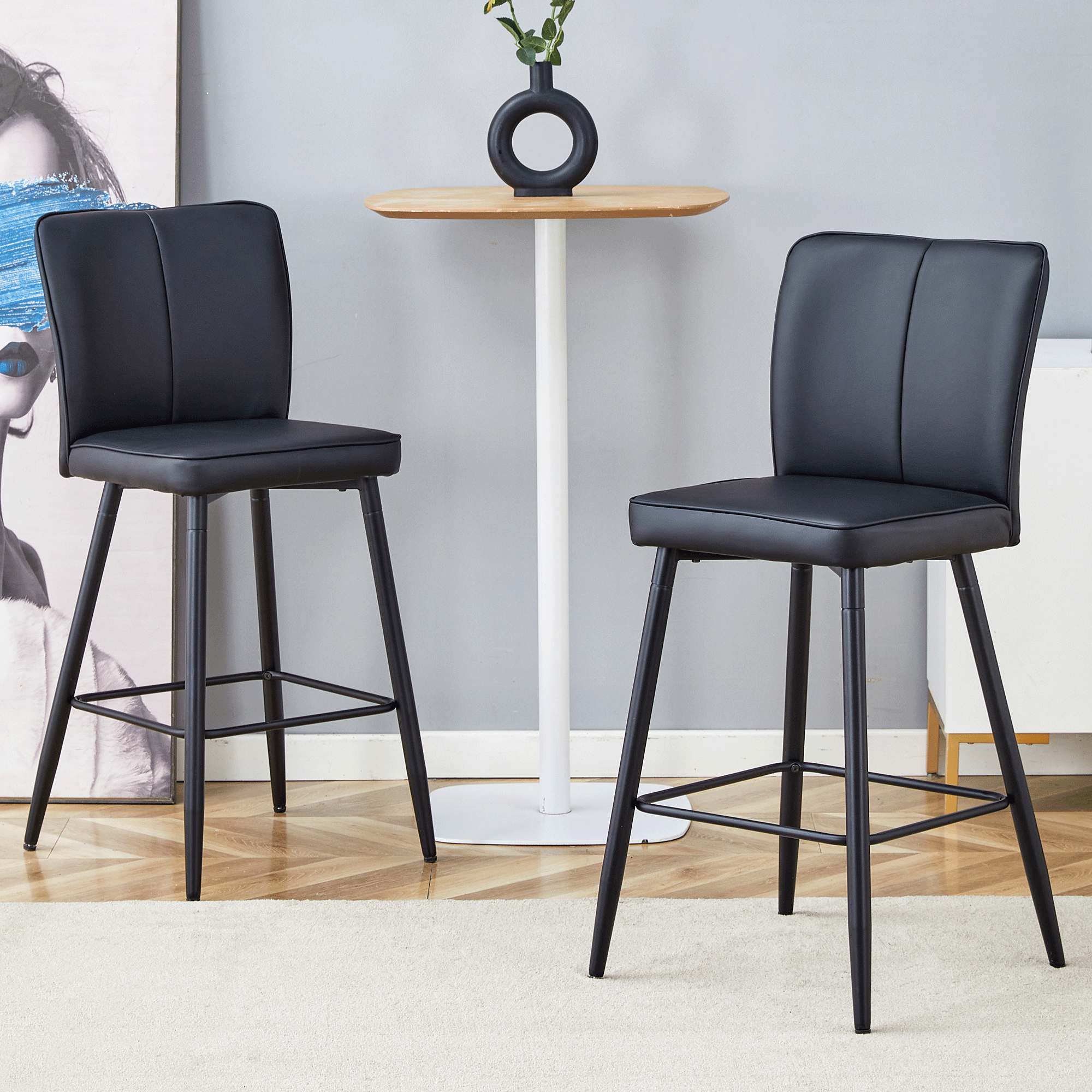 Ensemble 2 chaises bar PU noir, dossier lignes verticales lisses