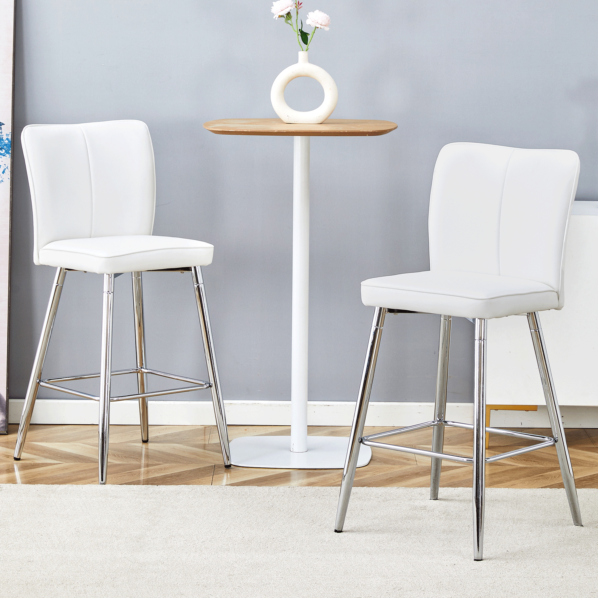 Ensemble 2 chaises bar PU blanc moderne, dossier lisse, pieds métal