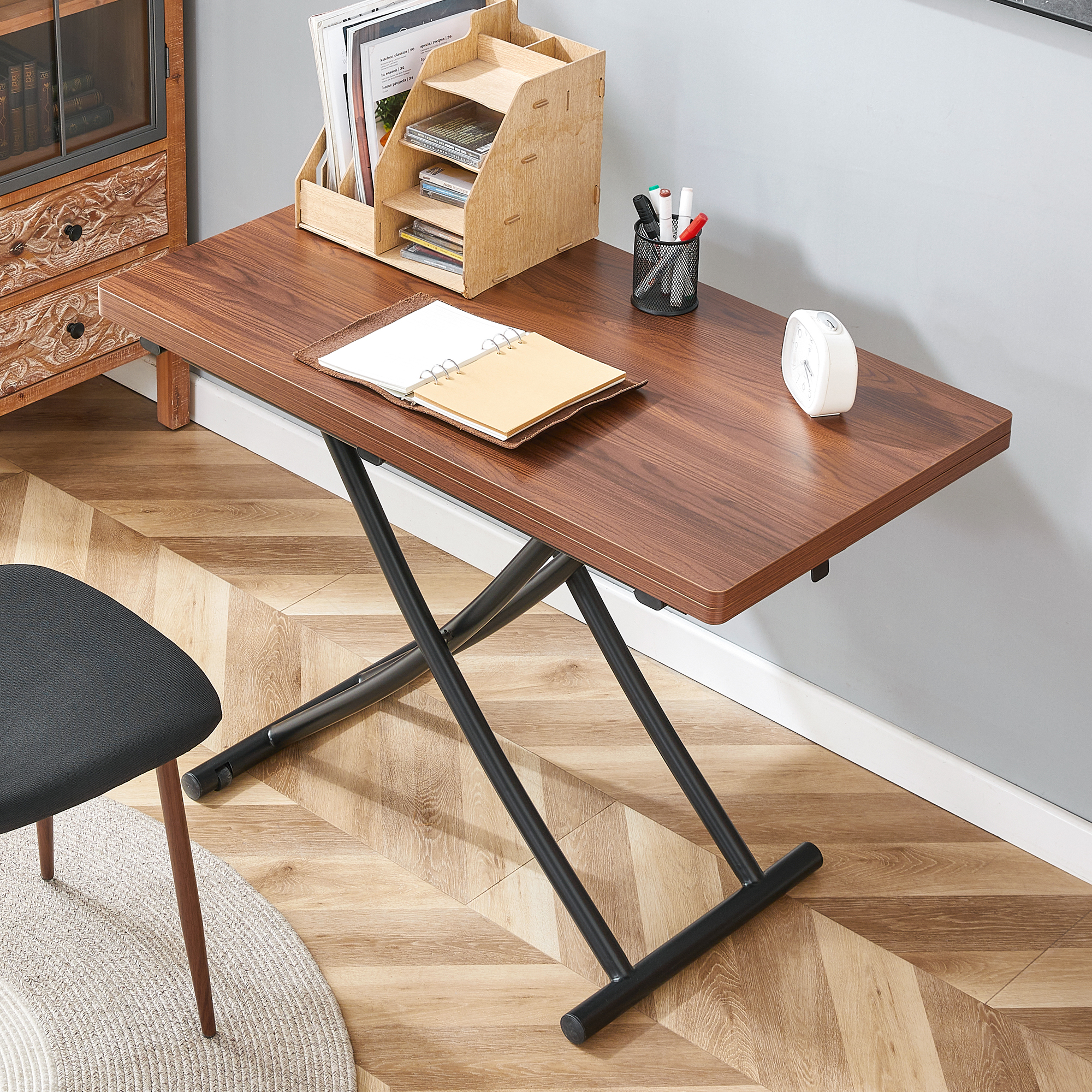 Table multifonctionnelle relevable moderne, plateau MDF 0,8 po, pieds métal