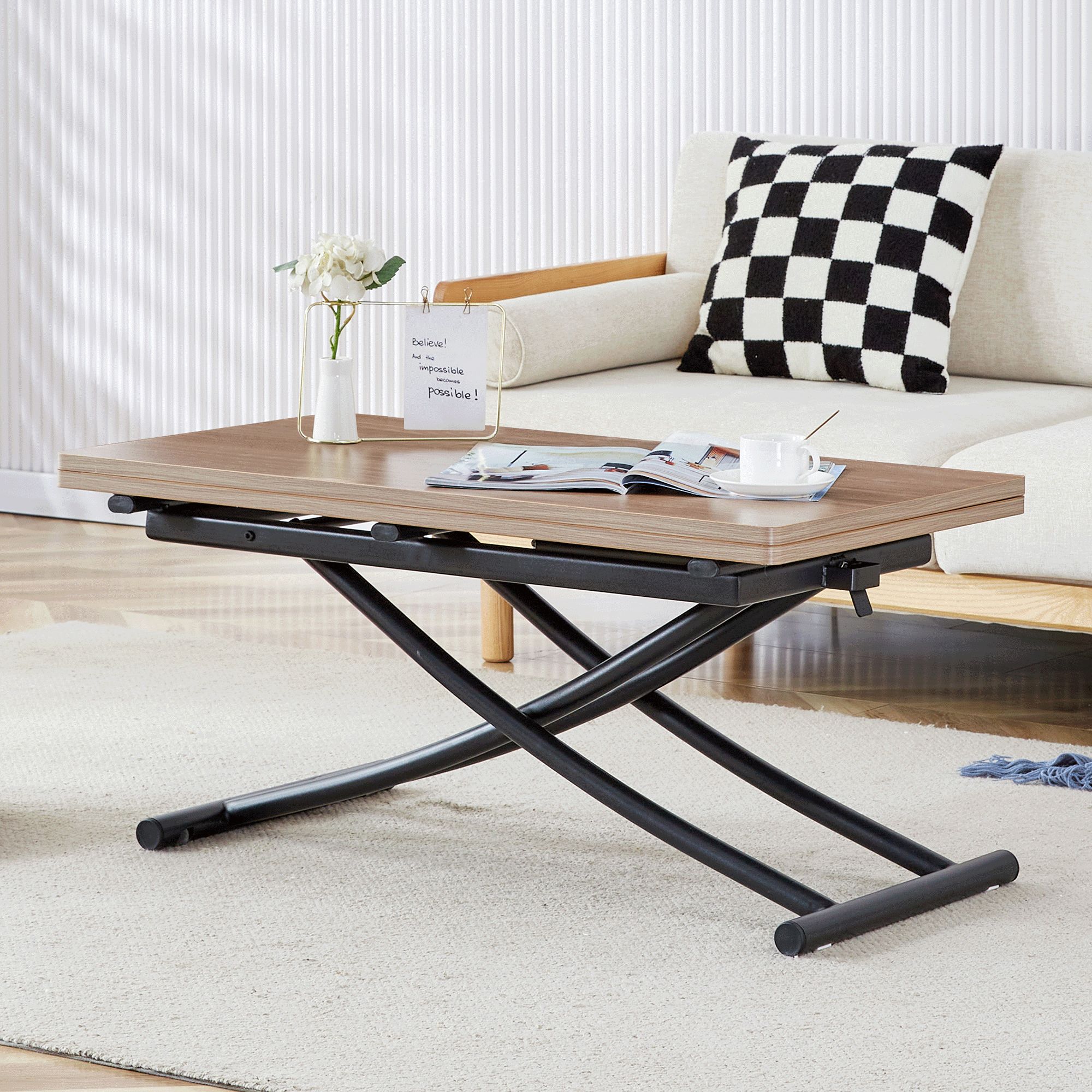 Table multifonction moderne soulevable, plateau bois, pieds métal noir
