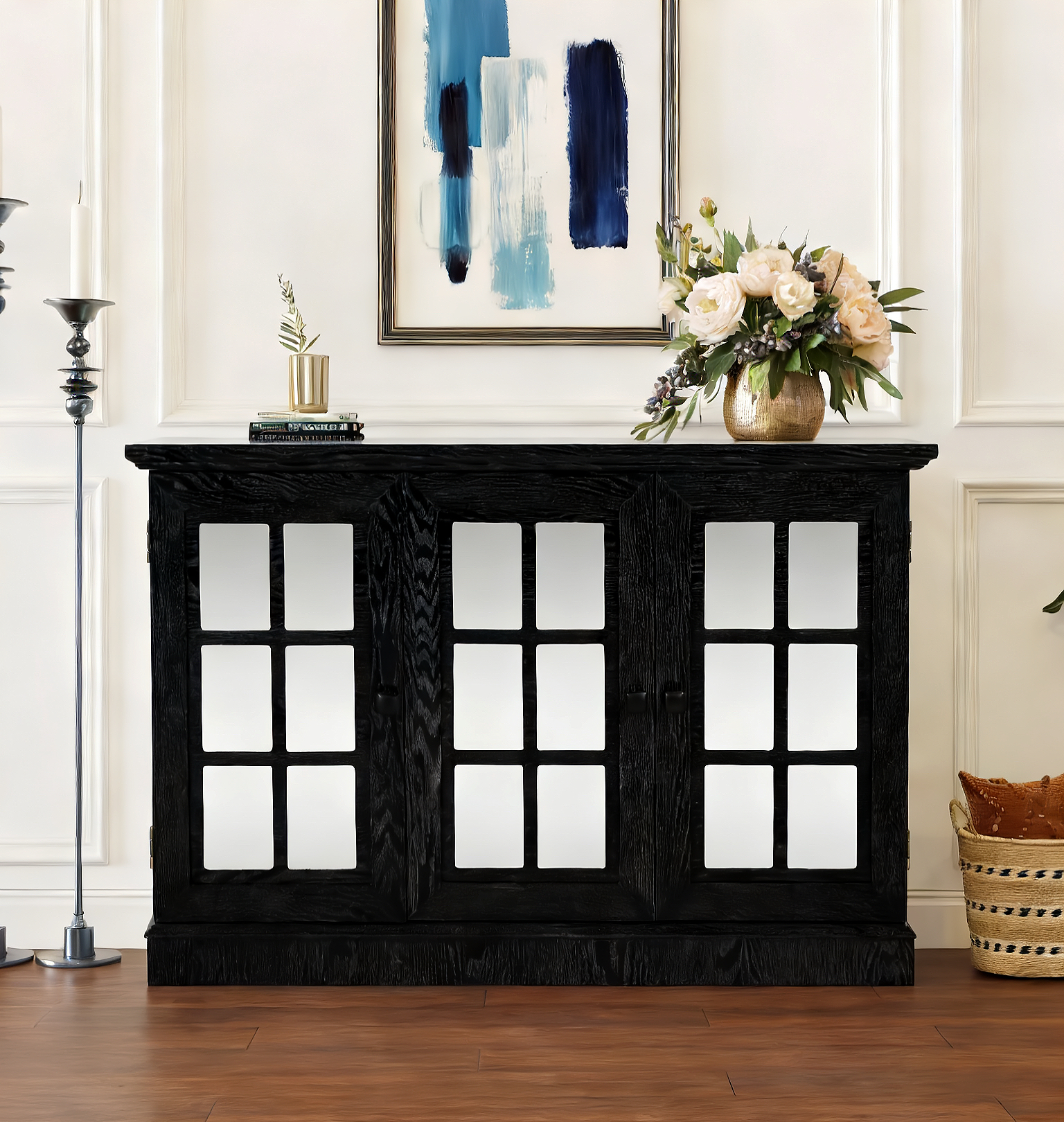 Buffet 45" 3 portes miroir acrylique, tablettes ajustables, noir