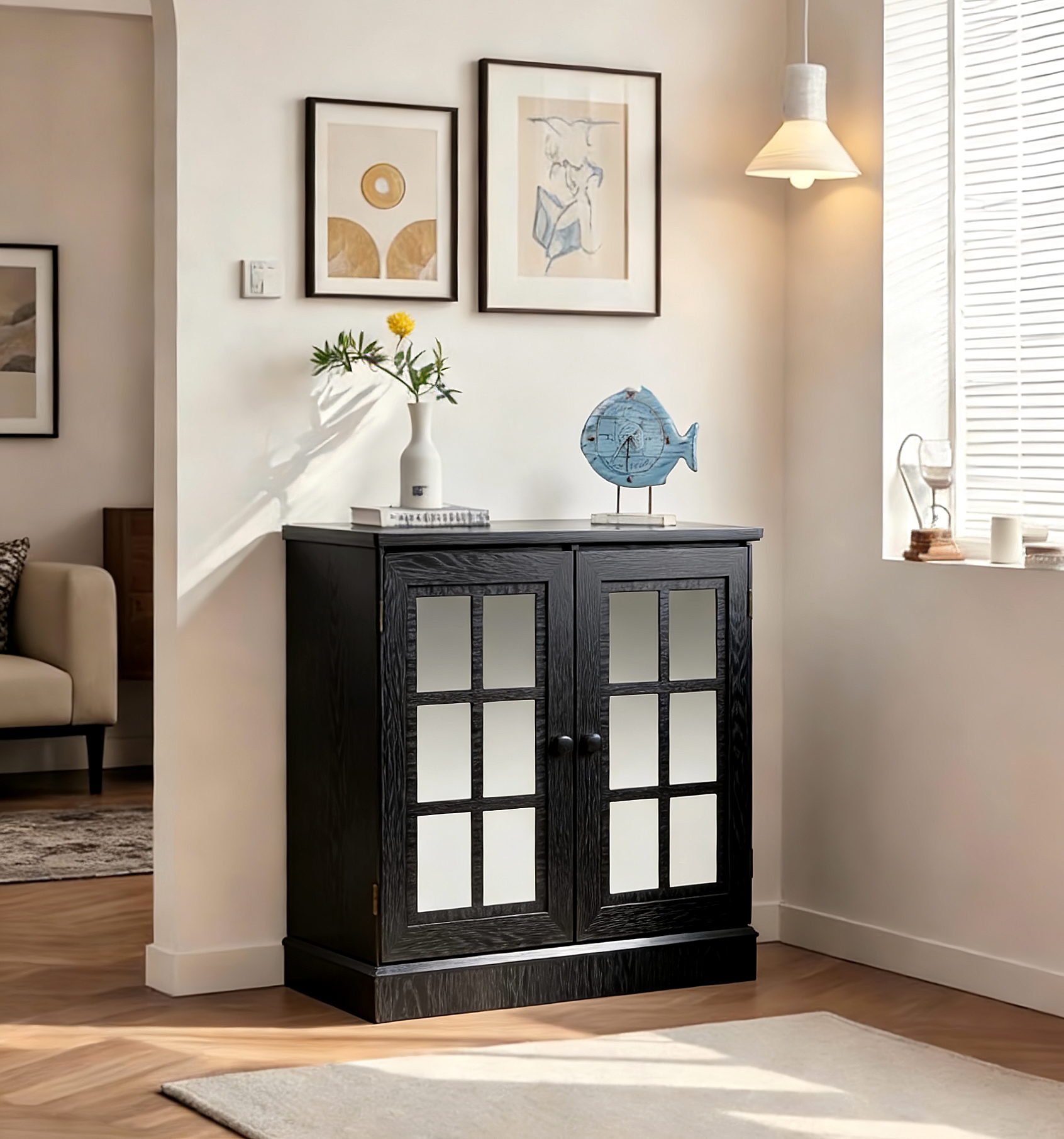 Buffet rangement portes miroir acrylique acajou noir grain bois